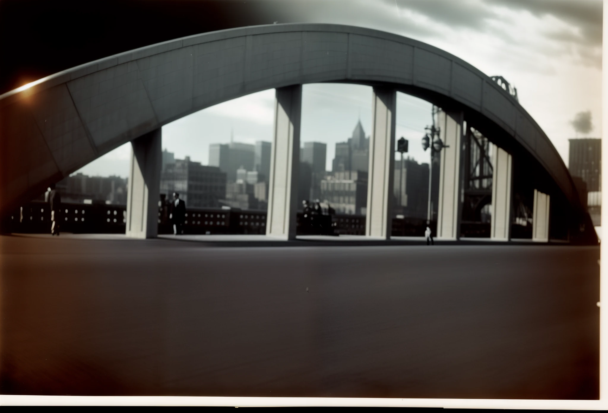 there are two men standing on a bridge looking at the city, road in foreground, kodakchrome : : 8 k, by Joe Shuster, by Carl Eytel, elegant bridges between towers, 4 k photo autochrome, 1960s color photograph, in 1960s new york, ektachrome color photograph, tall bridge with city on top, old color photograph