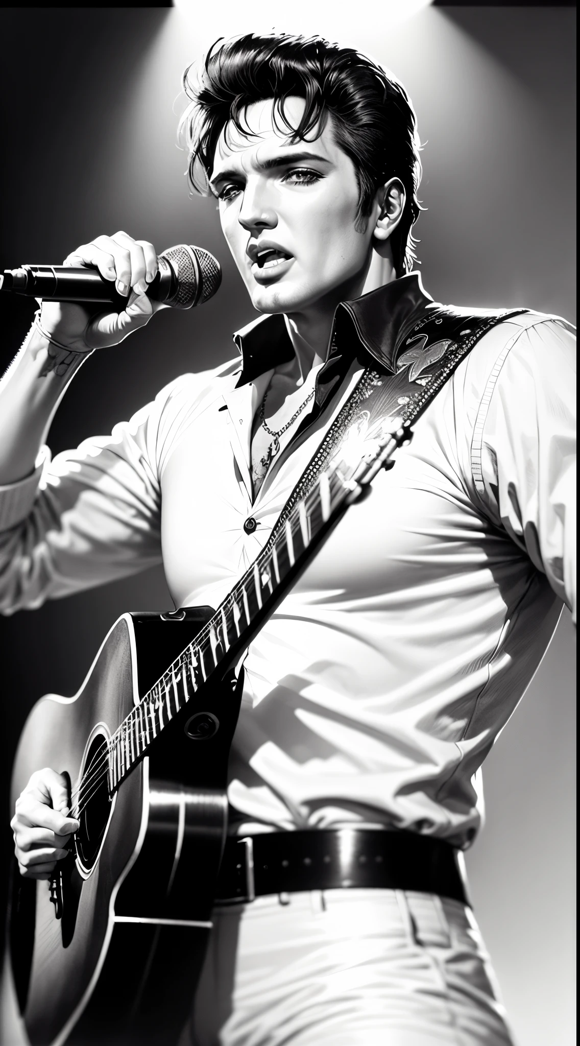 Crie uma imagem close UP corpo inteiro de Elvis Presley, singing for fans best quality High quality