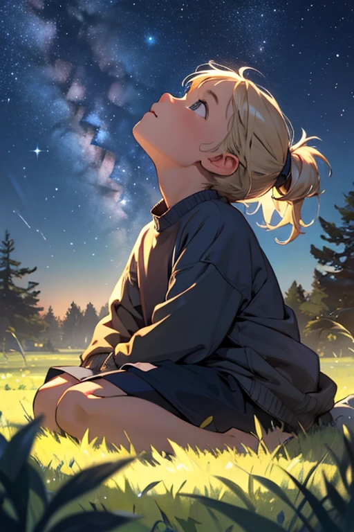 a sitting on the grass, Looking up at the starry sky, look of hope and determination, natureza simples e bela