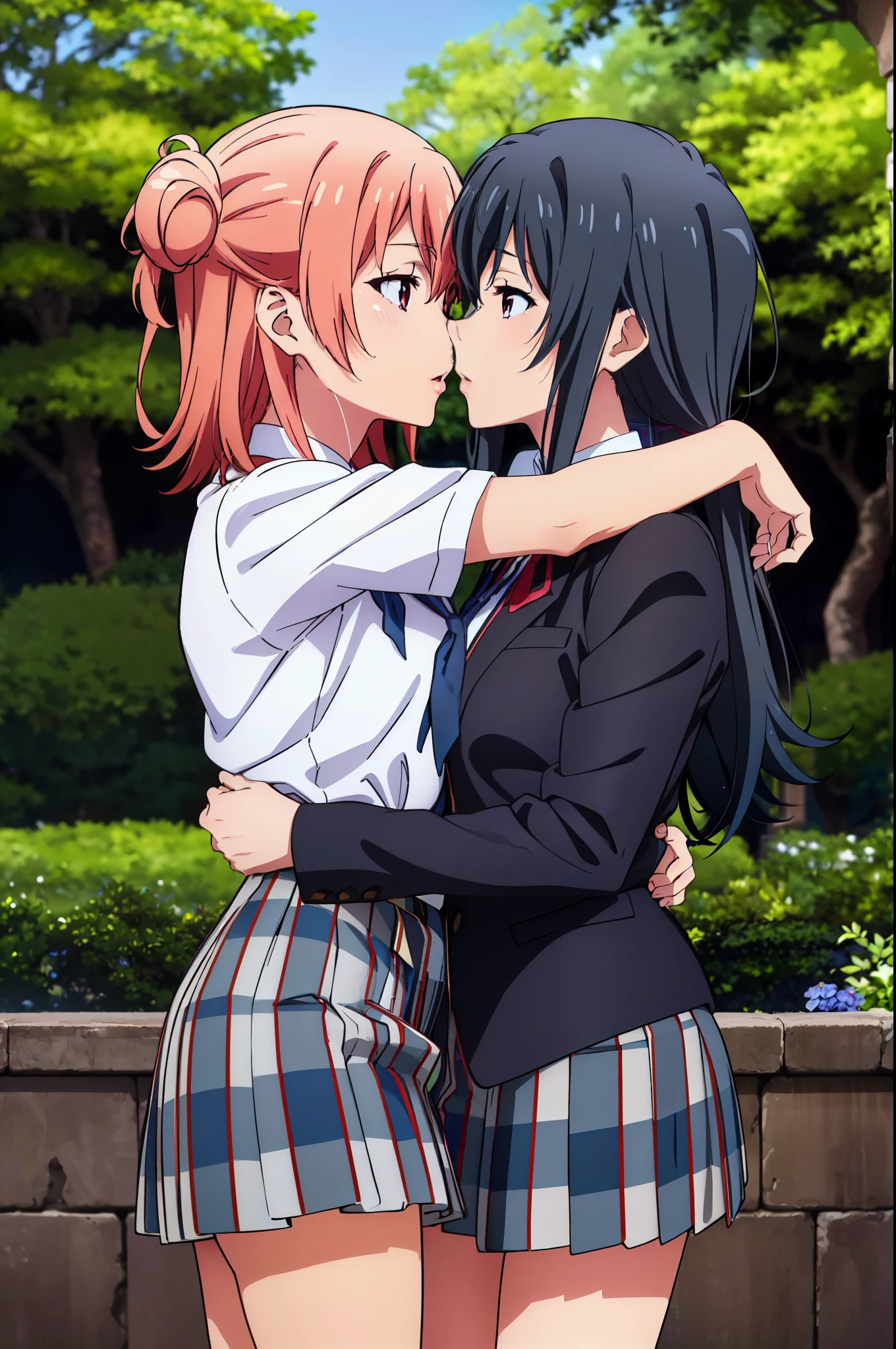 (Best Quality,4k,8k,highres,巨作:1.2),A highly detailed,),Yukinoshita Yukino holds Yuigahama Yui in her arms and has an intimate kiss in a beautiful garden scene,The two girls are wearing elegant school uniforms