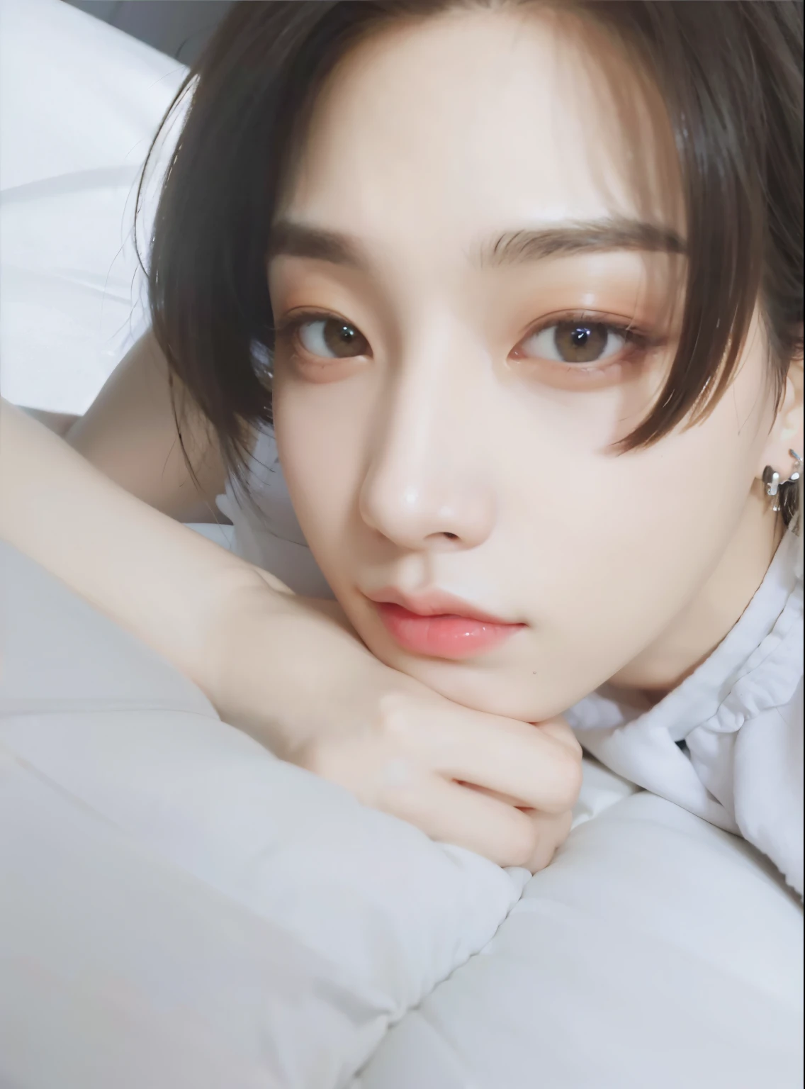 There is a woman lying on the bed with a white sheet, Cai Xukun, Jinyoung Shin, jungkook, inspirado por Bian Shoumin, Yan, Ulzzang masculino, young wan angel, coy smile, Wan adorable cara coreana, ji-min, Aesthetics of Jinyoung Shin, JIA, [ foto realista ]!!, kanliu666, Shin Jeongho, Cara linda clara