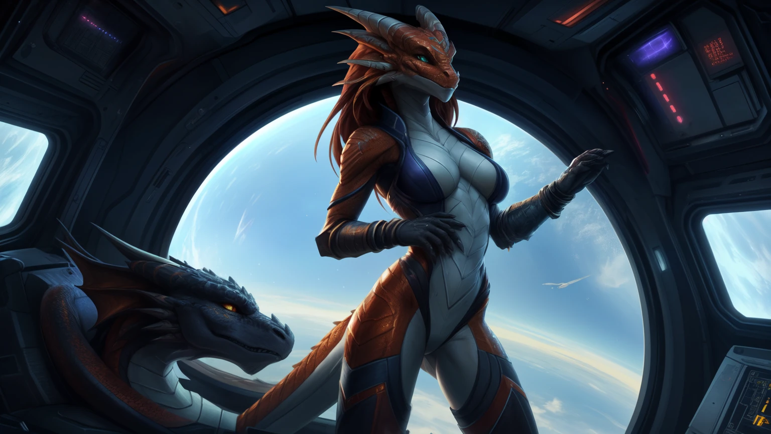 uploaded on e621, by Pixelsketcher, by Bayard Wu, by Thomas Benjamin Kennington , by Einshelm, solo anthro, ((full length, General plan)), BREAK, ((concentration)), (detailed Bonifasko lighting), (Detailed scales), (detailed skin), (Colorful Dragon, Colorful Dragon, Colorful Dragon), BREAK, ((Dragon's hiss)), ((NSFW)), ((Long, Graceful multi-colored tail)), (flowing ginger hair)), ((Detailed background)), ((in full height)), (((Type of faces))), (half body shadow), [Backlighting], [crepuscular ray], [Detailed ambient light], [gray natural lighting], [Ambient light], (A higher level of detail in interior spaceship), [explict content], [sharp-focus], (Questionable content), (shaded), ((Masterpiece), hiss, With their own hands;, flowing long hair, Chest of medium scales, Fluffy multi-colored dragon, Dragon Face, furry fantasy art, Furry art, commission for high res, anthro art, Art,Sakimichan is beautiful, Masterpiece, Best Quality, Detailed image, Bright colors, Detailed Face, perfect  lighting, Perfect shadows, Perfect eyes, focus on girl, dragon eyes, flawless face, (( Graceful multi-colored tail)) dragon, light skin, Dragon Girl, scalie, Scaly Women, Dragon's nose, Large long muzzle, Multi-colored scales, gaze at the viewer, half closed eyes, 独奏, (Masterpiece), (Best Quality), (illustartion), Long hair, Detailed scales, Balanced coloring, Global Illumination, Ray Tracing, good lighting, scales, anthro, Showing breasts, cleavage, looking a viewer, seductive gaze, NSFW, ((futuristic quarian spacesuit, Tali'Zorah from "mass effect", violet quarian clothes)), ((zero gravity, outer space, interior spaceship))