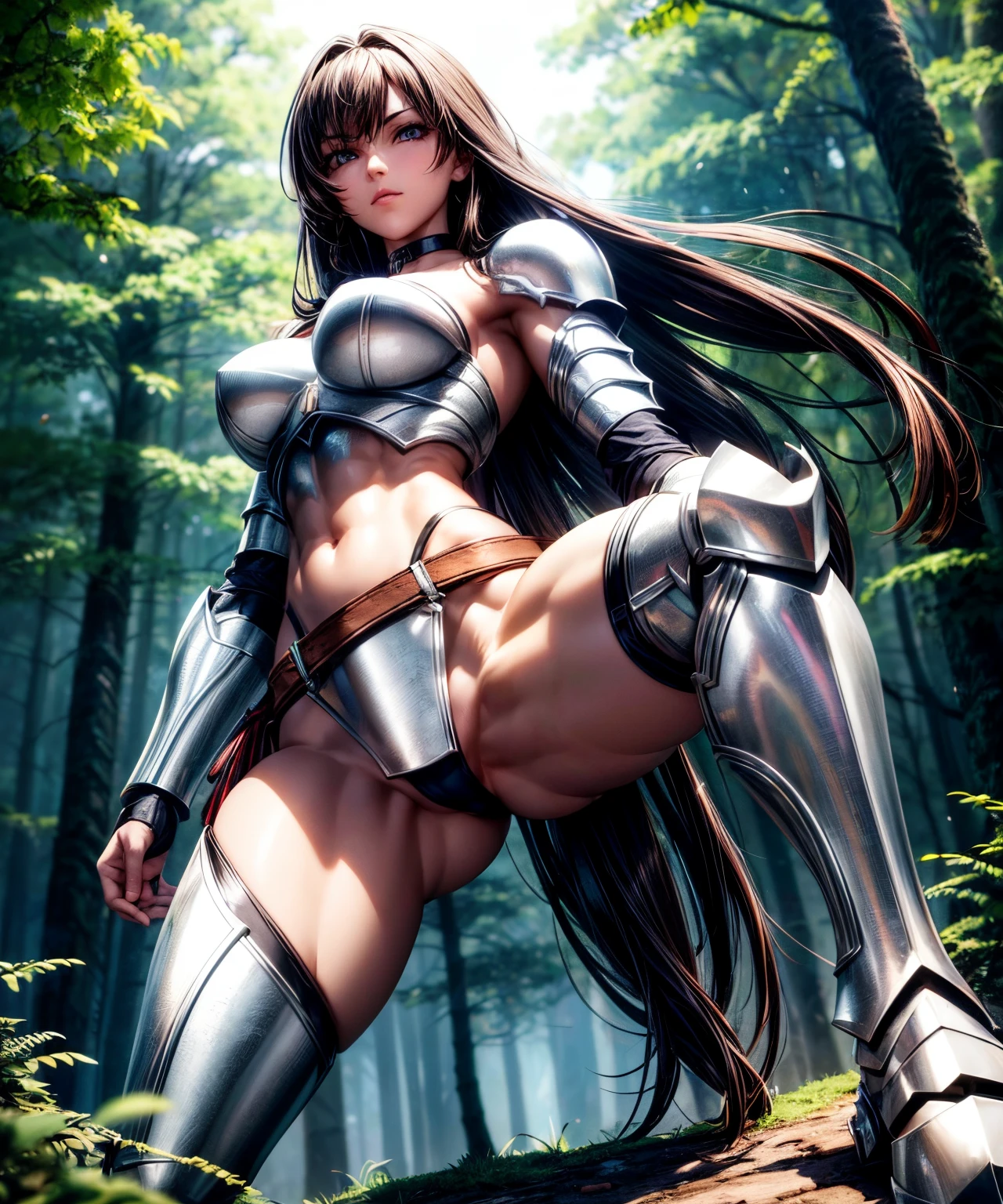 brunette fit body and muscular legs (beautiful white steel armor, belt, choker, loin cloth skirt)(32k high definition)(32k hyper realistic)( inside a dark forest) fighting stance,( 32k high definition beautiful eyes)