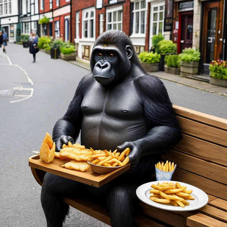 Un gorille qui mange un fish and chips avec un petit garçon sur un banc en Angleterre