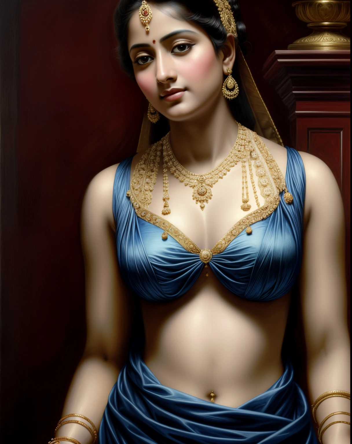 Beautiful Indian Woman, wearing saree, sari Beauty, gorgeous, Apsara, Maharani, royal queen woman, nymph from Hindu Mythology, Urvashi, matchless beauty, Highly detailed, Oil Painting by Peter Paul Rubens inspired by Raja Ravi Varma, Matchless beauty, captivating, gorgeous, heavenly beauty, celestial beauty, by Peter Paul Rubens, 1893, realistic, hyper realistic, micro details, incredible artwork, insane details, ultra High resolution, 8k, 32k, acrylic on canvas, intricate, flawless, detailed, detailed face, detailed eyes, masterpiece, by Peter Paul Rubens, by Caravaggio, by William Adolphe bouguereau, perfect face, perfect body, beautiful art, realism, baroque, renaissance Art, highly textured, beautiful and detailed eyes, uhd, best quality,