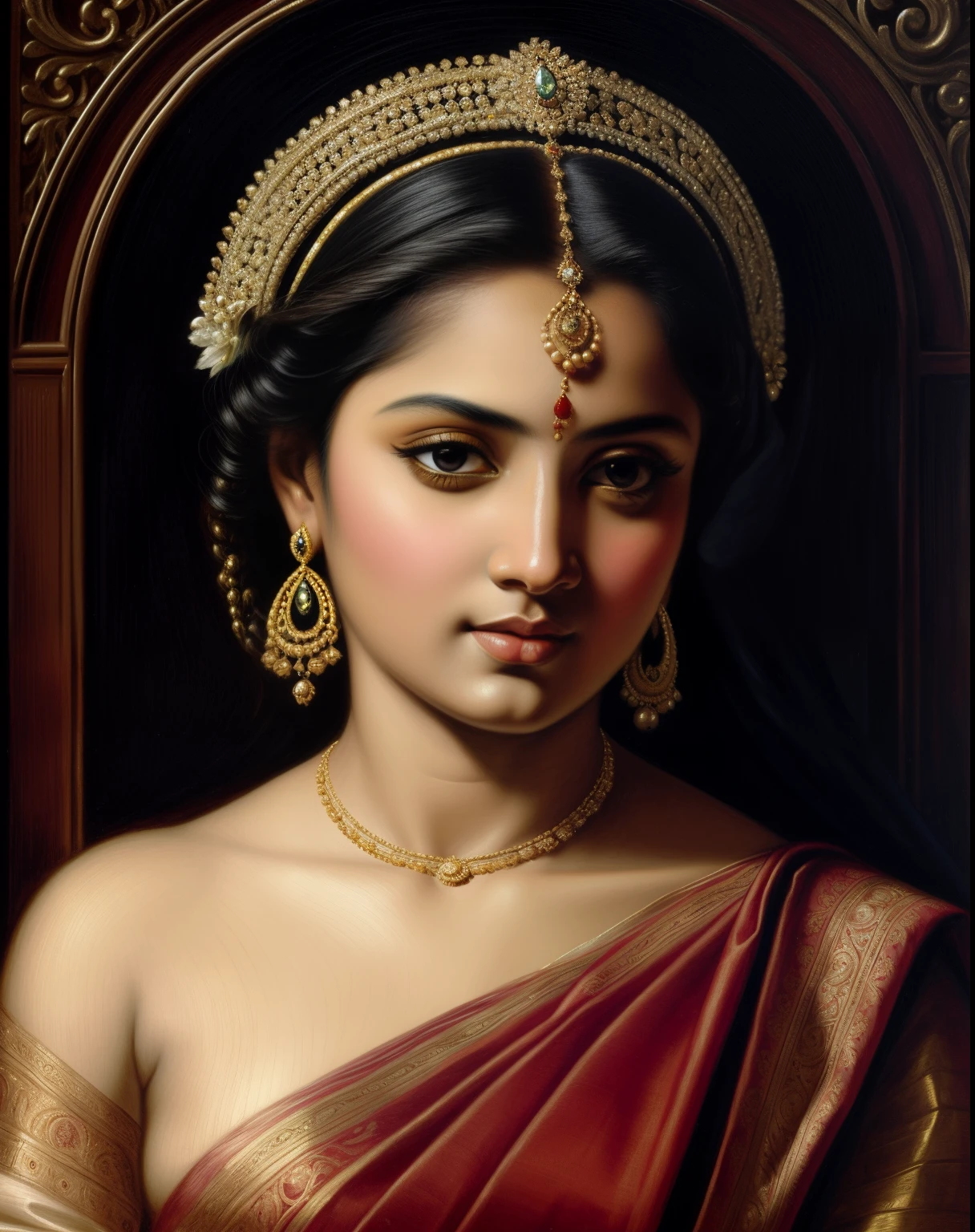 Beautiful Indian Woman, wearing saree, sari Beauty, gorgeous, Apsara, Maharani, royal queen woman, nymph from Hindu Mythology, Urvashi, matchless beauty, Highly detailed, Oil Painting by Peter Paul Rubens inspired by Raja Ravi Varma, Matchless beauty, captivating, gorgeous, heavenly beauty, celestial beauty, by Peter Paul Rubens, 1893, realistic, hyper realistic, micro details, incredible artwork, insane details, ultra High resolution, 8k, 32k,  acrylic on canvas, intricate, flawless, detailed, detailed face, detailed eyes, masterpiece, by Peter Paul Rubens, by Caravaggio, by William Adolphe bouguereau, perfect face, perfect body, beautiful art, realism, baroque, renaissance Art, highly textured, beautiful and detailed eyes, uhd, best quality,