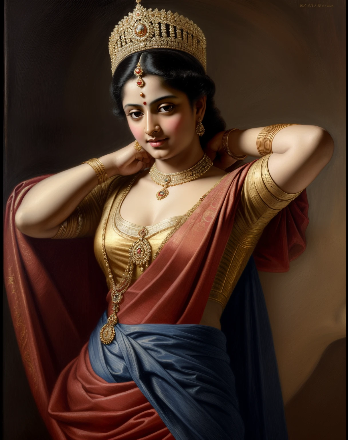 Beautiful Indian Woman, wearing saree, sari Beauty, gorgeous, Apsara, Maharani, royal queen woman, nymph from Hindu Mythology, Urvashi, matchless beauty, Highly detailed, Oil Painting by Peter Paul Rubens inspired by Raja Ravi Varma, Matchless beauty, captivating, gorgeous, heavenly beauty, celestial beauty, by Peter Paul Rubens, 1893, realistic, hyper realistic, micro details, incredible artwork, insane details, ultra High resolution, 8k, 32k, acrylic on canvas, intricate, flawless, detailed, detailed face, detailed eyes, masterpiece, by Peter Paul Rubens, by Caravaggio, by William Adolphe bouguereau, perfect face, perfect body, beautiful art, realism, baroque, renaissance Art, highly textured, beautiful and detailed eyes, uhd, best quality,