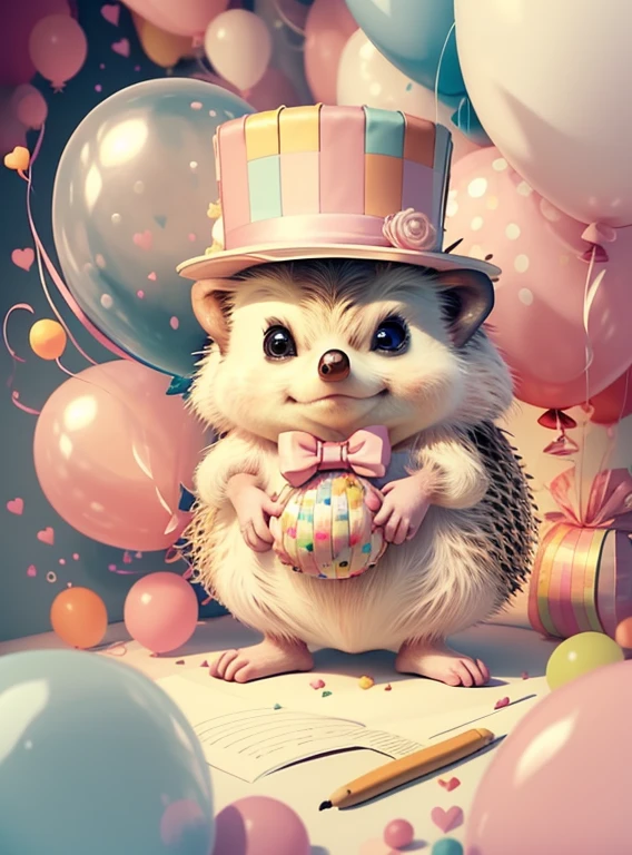 (cute hedgehog with pink top hat with ballons), Munchkin ,Geometric multidimensional wall portrait, livro de arte, Tchibi,
Yang08k, Beautiful, Colouring,
Obras, of the highest quality, best quality, Arte Oficial, Beautiful and Aesthetic,