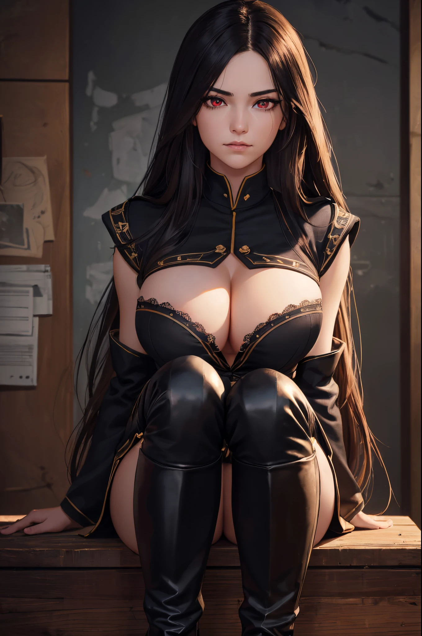 (26yo), (extremely detailed long hair), (admiral uniform:1.3), (black overknee boots:1.2), (no panties), (detailed red eyes:1.3), dark eyes, detailed face, computer wallpaper style, (masterpiece), best quality, (beautiful lighting), (redraw eyes), expressive eyes, perfect face, (1girl), (huge breasts), (smirking at viewer), (looking at camera), highly detailed background, (dramatic lighting), extremely detailed eyes, (high quality wallpaper), (center), (beautiful, bright, vivid), (dirty prison in background), absurd resolution, masterpiece, ultra-detailed, (lifelike), vivid, intricate details, (photorealistic), (head up), visceral experience, realism, hyper realistic.