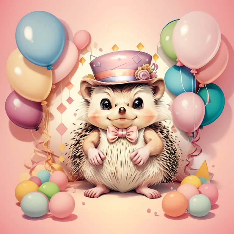 (cute baby hedgehog with pink top hat with ballons), Munchkin ,Geometric multidimensional wall portrait, livro de arte, Tchibi,
Yang08k, Beautiful, Colouring,
Obras, of the highest quality, best quality, Arte Oficial, Beautiful and Aesthetic,