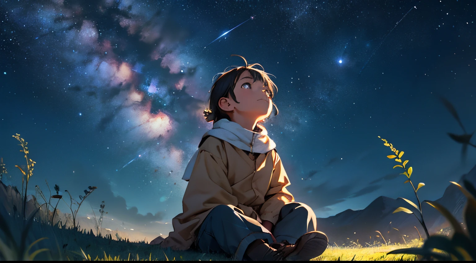 a sitting on the grass, Looking up at the starry sky, look of hope and determination, natureza simples e bela