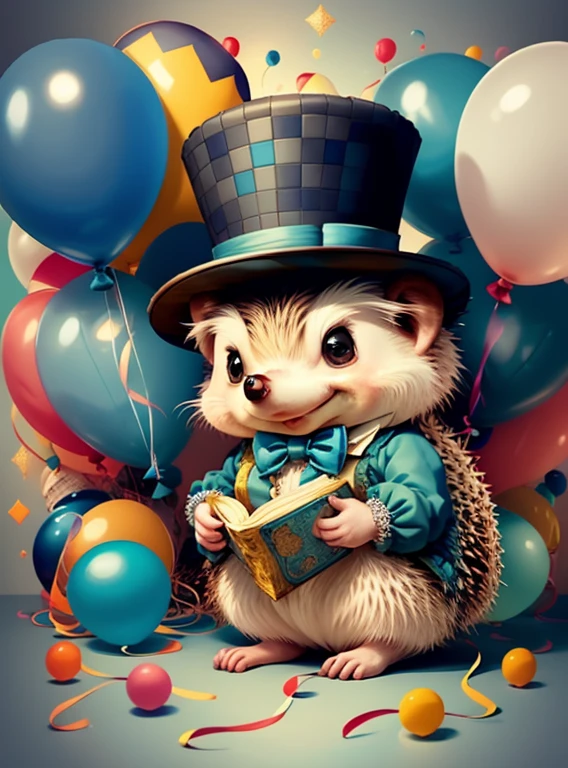 (cute hedgehog with blue top hat with ballons), Munchkin ,Geometric multidimensional wall portrait, livro de arte, Tchibi,
Yang08k, Beautiful, Colouring,
Obras, of the highest quality, best quality, Arte Oficial, Beautiful and Aesthetic,