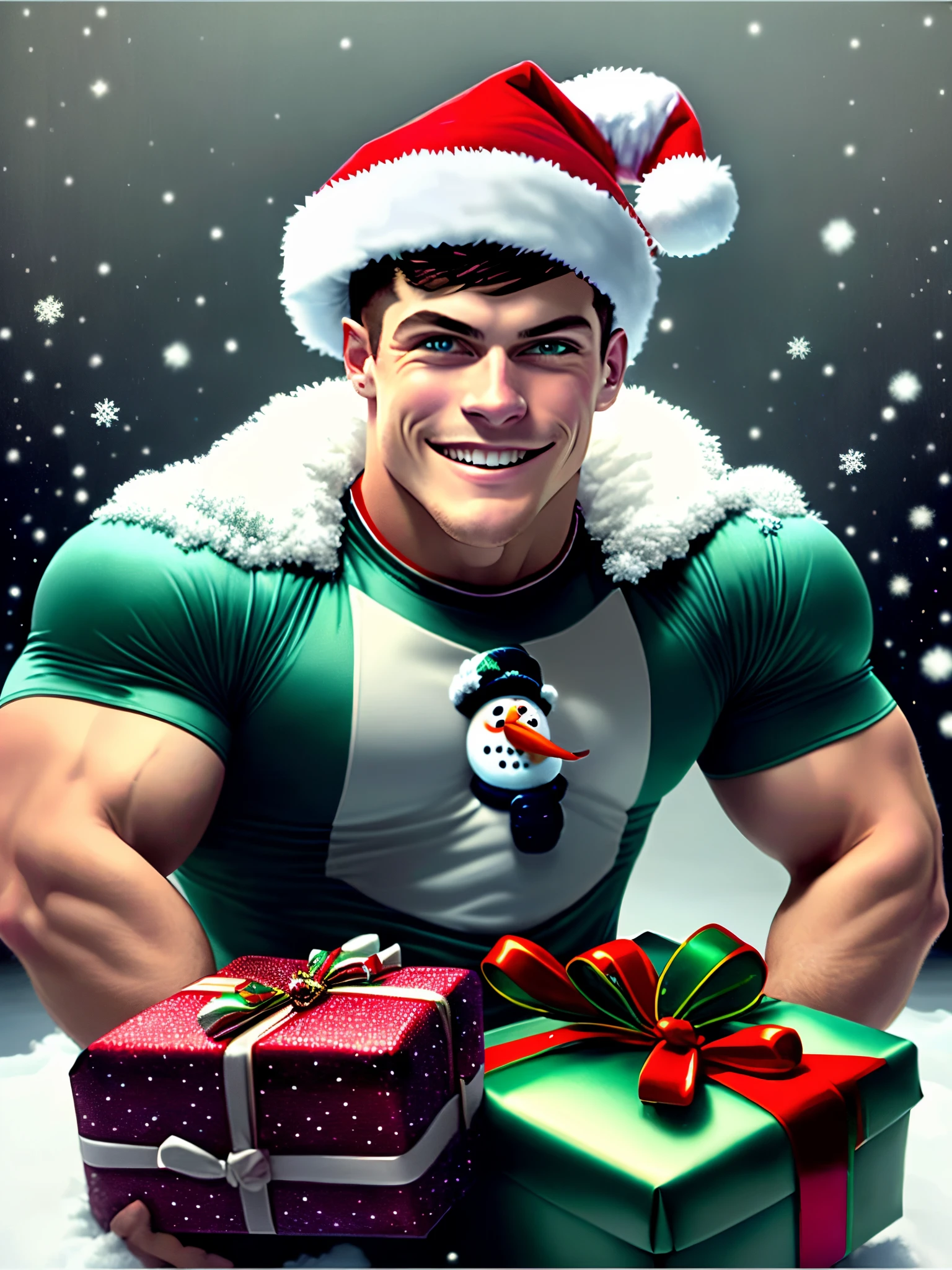best quality,masterpiece,Ultra high detail,A handsome muscular man,Short white haired Fractal Sesshomaru, shirtless in the snow . playing with the snow man , smiling