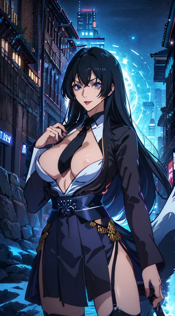 masutepiece、Best Quality、Illustration、 ultra-detailliert、hight resolution、8K Wallpapers、Perfect dynamic composition,、Beautiful detailed eyes、neck tie、、 long Hair、A dark-haired、(Beautiful Large Breasts:1.3)、Natural Color Lip、Bold sexy poses、Smile、Harajuku、19 years girl、Cute、Beautiful sister、Sexy shot looking at camera、night skyscraper Very long bangs of black with a tinge of navy with galaxy purple eyes and a navy kaizen jujutsu uniform with a white violin and a katana sheathed on her waist.