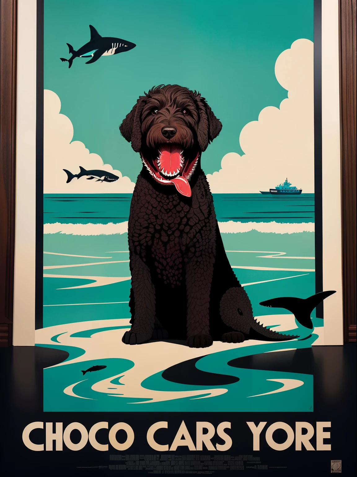 ink poster, 1950's horror poster, horror flick about a chocolate labradoodle who is half shark, teeth, simple color palette, bold colors, english letters, (title is written as "ZNB-3"), style of JAWS, beach background,