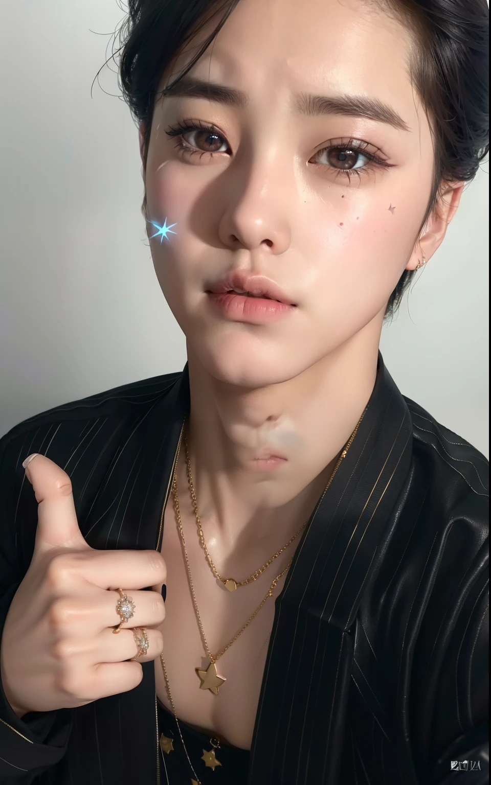 un primer plano de una persona con un collar y un anillo, Es Jin de Bts, con estrellas. swollen right eyelid, jin de bts, adorable cara coreana