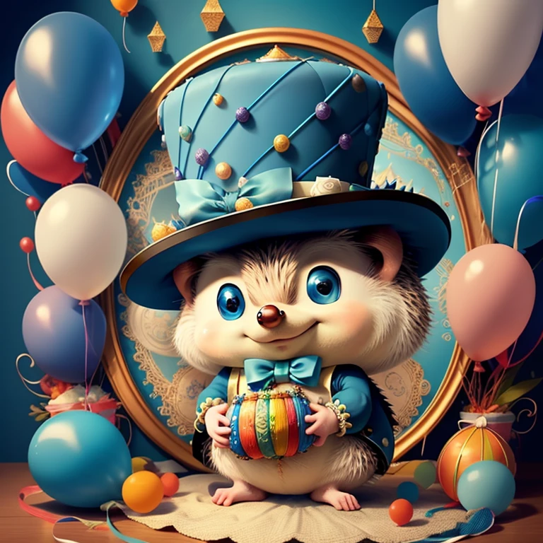 (cute baby hedgehog with blue top hat with ballons), Munchkin ,Geometric multidimensional wall portrait, livro de arte, Tchibi,
Yang08k, Beautiful, Colouring,
Obras, of the highest quality, best quality, Arte Oficial, Beautiful and Aesthetic,
