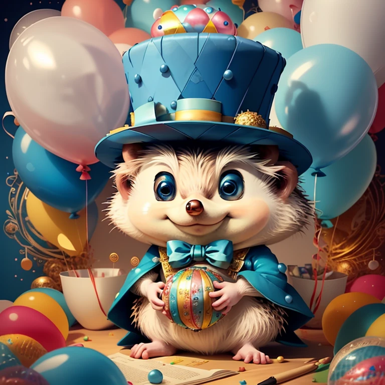 (cute baby hedgehog with blue top hat with ballons), Munchkin ,Geometric multidimensional wall portrait, livro de arte, Tchibi,
Yang08k, Beautiful, Colouring,
Obras, of the highest quality, best quality, Arte Oficial, Beautiful and Aesthetic,
