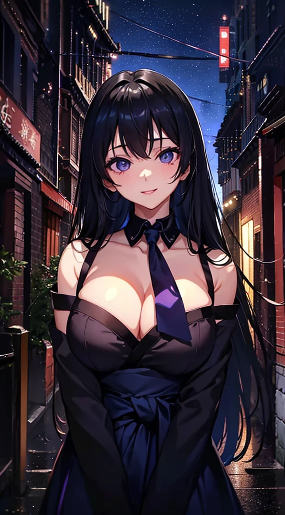 masutepiece、Best Quality、Illustration、 ultra-detailliert、hight resolution、8K Wallpapers、Perfect dynamic composition,、Beautiful detailed eyes、neck tie long Hair、A dark-haired、(Beautiful Large Breasts:1.3)、Natural Color Lip、Bold sexy poses、Smile、Harajuku、19 years girl、Cute、Beautiful sister、Sexy shot looking at camera、night skyscraper Very long bangs of black with a tinge of navy with galaxy purple eyes and a navy kaizen jujutsu uniform with a white violin and a katana sheathed on her waist.