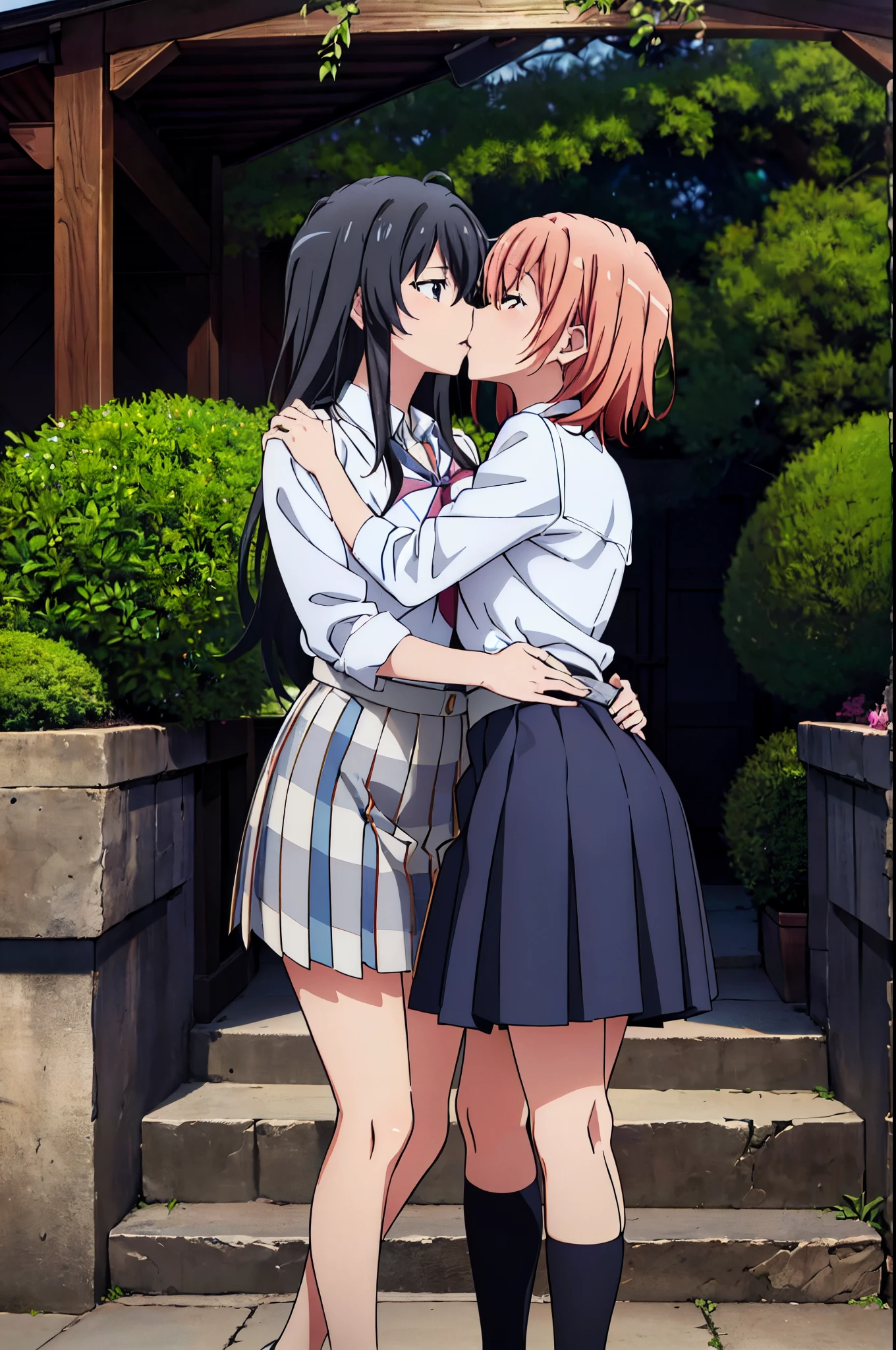 (Best Quality,4k,8k,highres,巨作:1.2),A highly detailed,),Yukinoshita Yukino holds Yuigahama Yui in her arms and has an intimate kiss in a beautiful garden scene,The two girls are wearing elegant school uniforms