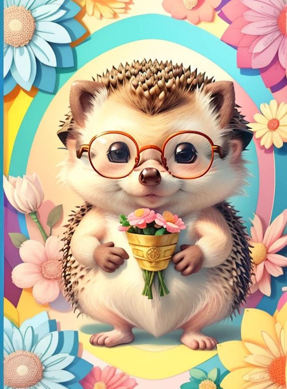 (cute  hedgehog with glasses and flowers), Munchkin ,Geometric multidimensional wall portrait, livro de arte, Tchibi,
Yang08k, Beautiful, Colouring,
Obras, of the highest quality, best quality, Arte Oficial, Beautiful and Aesthetic,