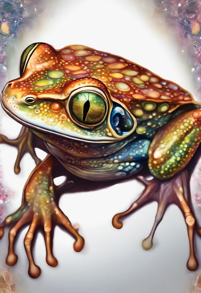 a detailed HD Multi-colored frog-faced space alien creature with scales and large reflective eyes in the style of art nouveau paint splatter watercolor white background