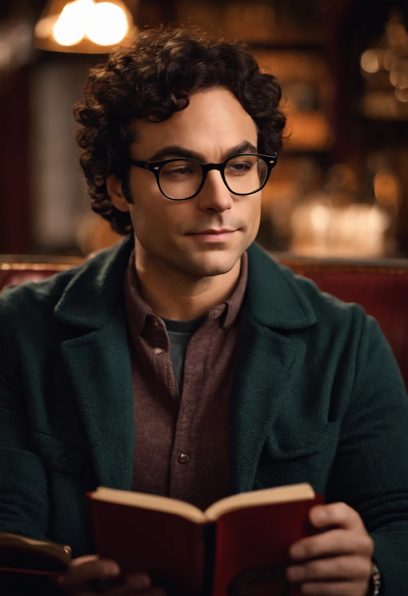 An image of Leonard sitting in a cozy coffee shop, sipping on a hot chocolate and reading a classic poetry book.,The Big Bang Theory,Leonard is short with curly black hair and glasses, portrayed by Johnny Galecki, male