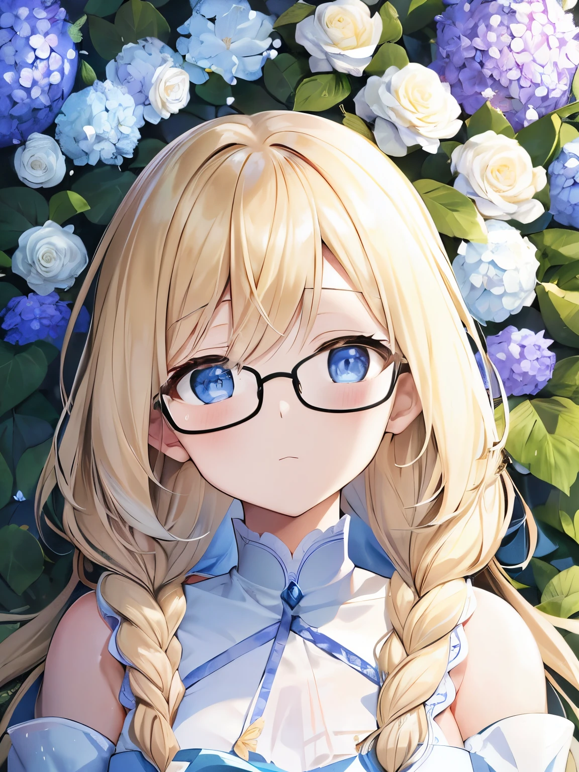 In the visual construction of a girl, the blonde character, whose hairstyle forms cascading braids down to the shoulders, the artistic application of flower petals stands out to emphasize specific features. The whiteness of the skin is delicately represented through the careful choice of white rose petals and lilies, providing a soft and elegant foundation. To bring the blonde hair in braids to life, the selection of yellow and white petals plays a crucial role. These colors intertwine harmoniously, creating a smooth and natural transition that captures the essence of blonde strands, adding an ethereal touch to the composition. The character's blue eyes are skillfully depicted through blue flower petals, such as hydrangeas or blue anemones. This choice of hue intensifies the gaze, adding a captivating element to the facial expression. For the glasses, petals in neutral tones, such as white or cream, are artistically arranged to form a discreet frame. This detail contributes to defining the glasses area without competing with the vibrant colors of the other features, maintaining a balanced aesthetic. In this artistic synthesis, each choice of flower petal plays a crucial role in the visual representation of the blonde girl, contributing to the creation of a unique and engaging image that captures the essence of her distinctive features.
