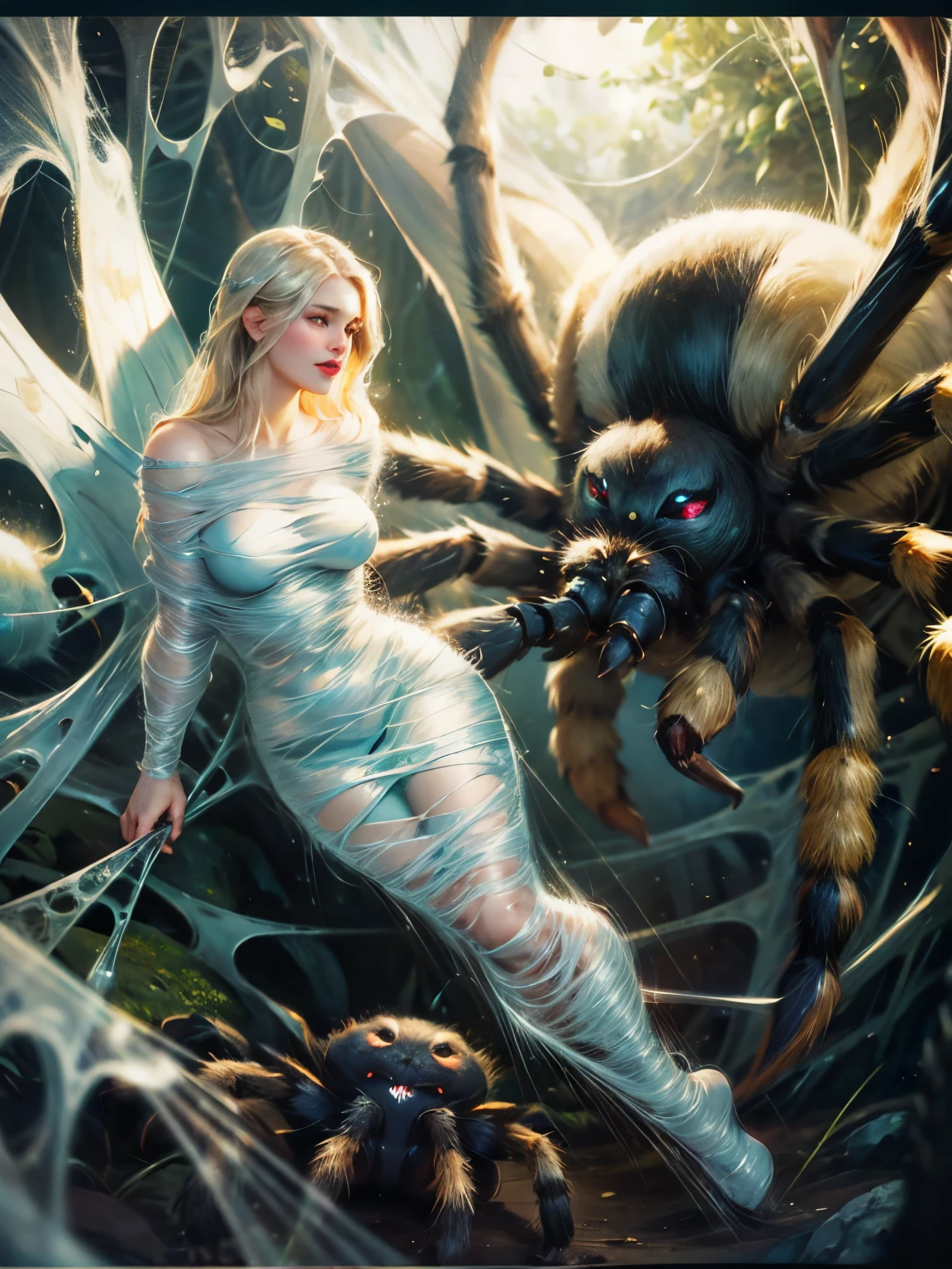 Fantasy art. A spider web, a huge shaggy spider and a fairy with wings in a spider cocoon. Cinematic light.
character design, photorealistic and detailed portrait of a beautiful young woman stuck in a web, her body is covered in silk, long wavy hair, spider in the background, perfect airbrush, realistic eyes, intricate stunning highly detailed of a girl by tom bagshaw, art by Sakimichan