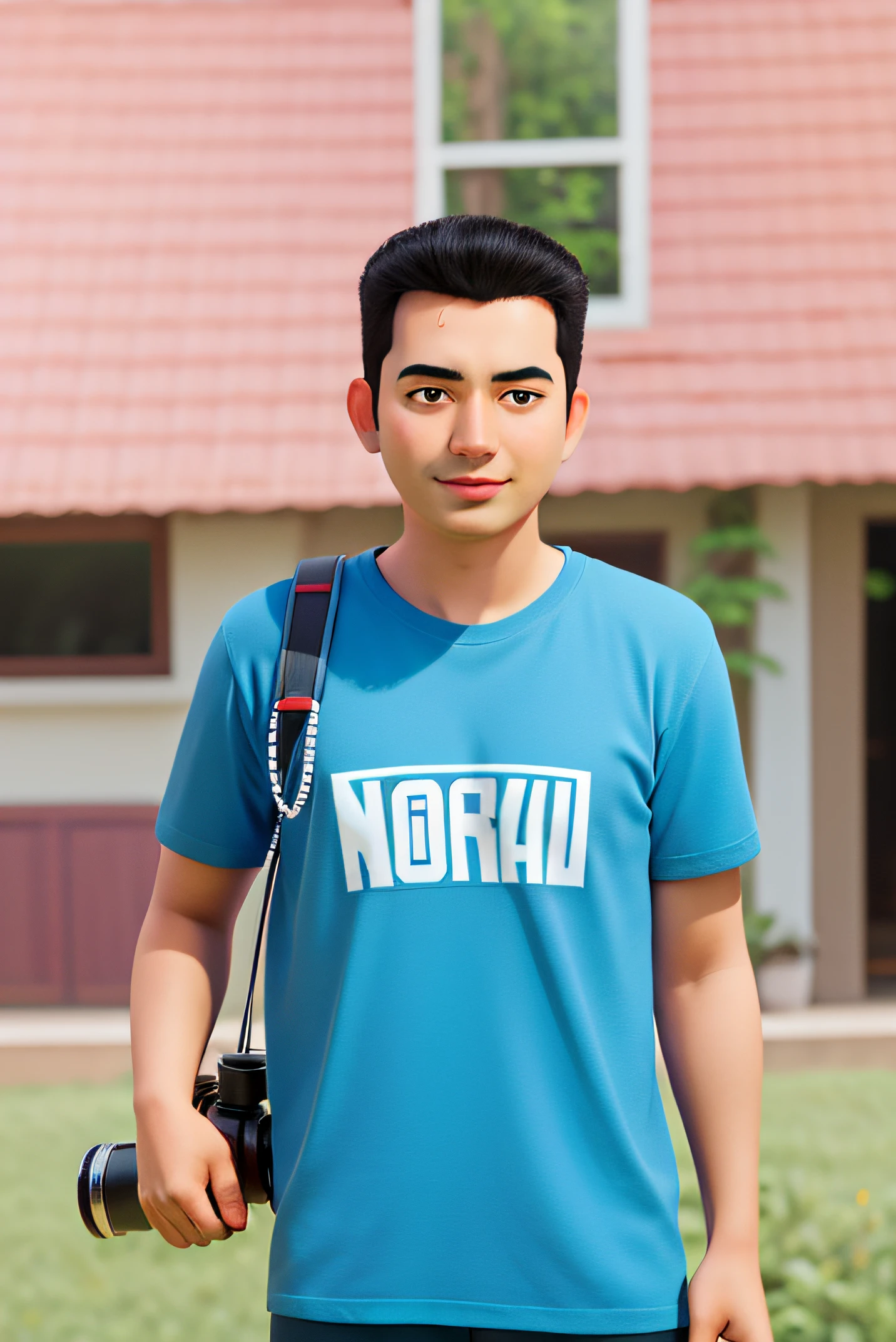 arafed man in blue shirt holding camera and standing in grass, casual photography, potrait, mohamed chahin style, avatar image, profesional photography, illustrator, profesional photo, protrait, nivanh chanthara, thawan duchanee, in tshirt, style of ade santora, '2d graphic design, ramil sunga