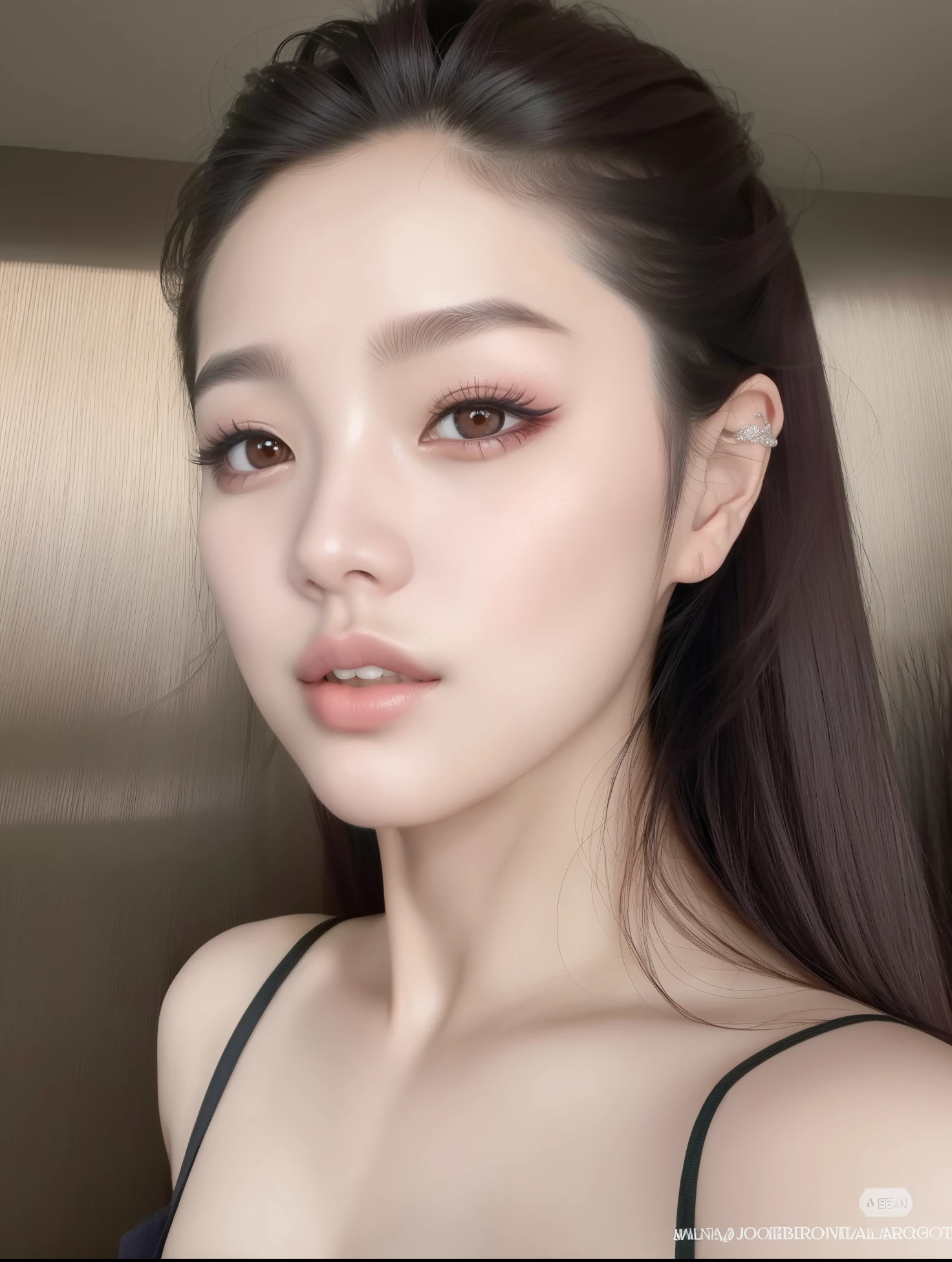 um close up de uma mulher com cabelos longos usando um top preto, maquiagem coreana popular, maquiagem sul-coreana popular, beautiful aesthetic face, korean face features, jennie blackpink, Mulher sul-coreana bonita, korean symmetrical face, linda mulher coreana jovem, young adorable korean face, mulher coreana jovem bonita, wan adorable korean face, rosto sexy com maquiagem completa, menina coreana