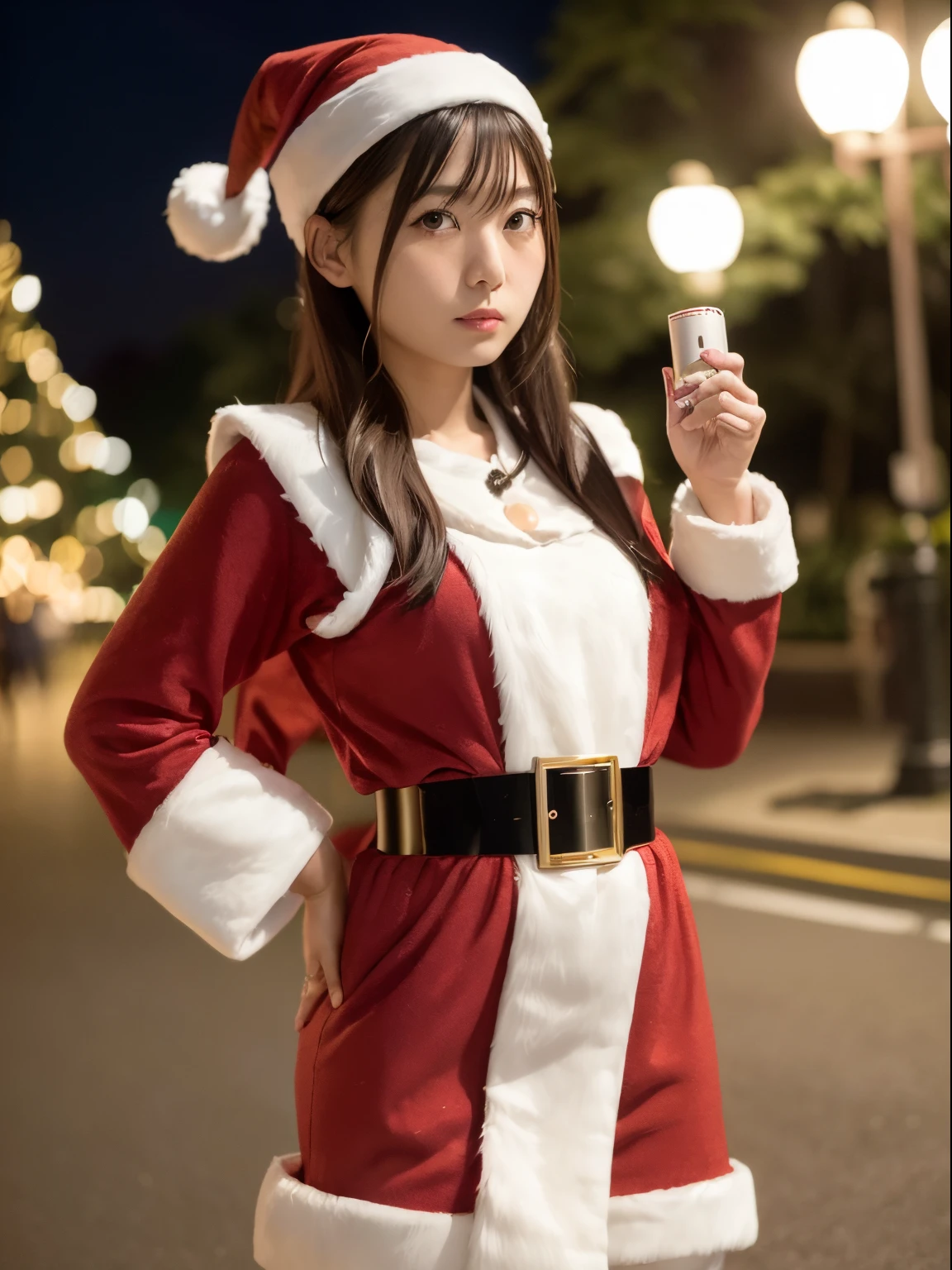 japanese woman,Beautiful woman,Girl dressed as Santa Claus,night,illumination,surrealism, f/1.2, fuji film, 35mm, 8K, Super detailed, nffsw, table top, rough skin, high quality, 最high quality, hard disk