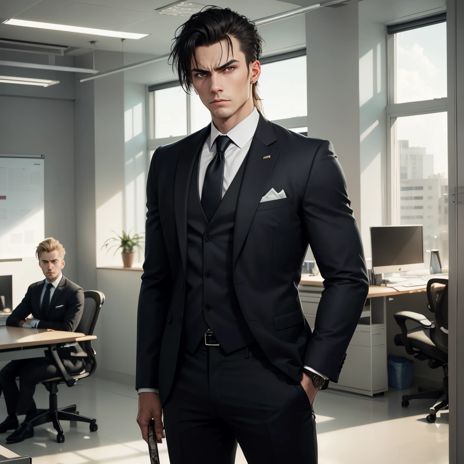 A menacing-looking slim men with a hockey hair and a sharp jawline, clad in a black suit and dark tie, stands in the middle of a spacious, sunlit office. His piercing eyes and furrowed brow exude an aura of danger. In the background, Tamaki Yotsuba .
