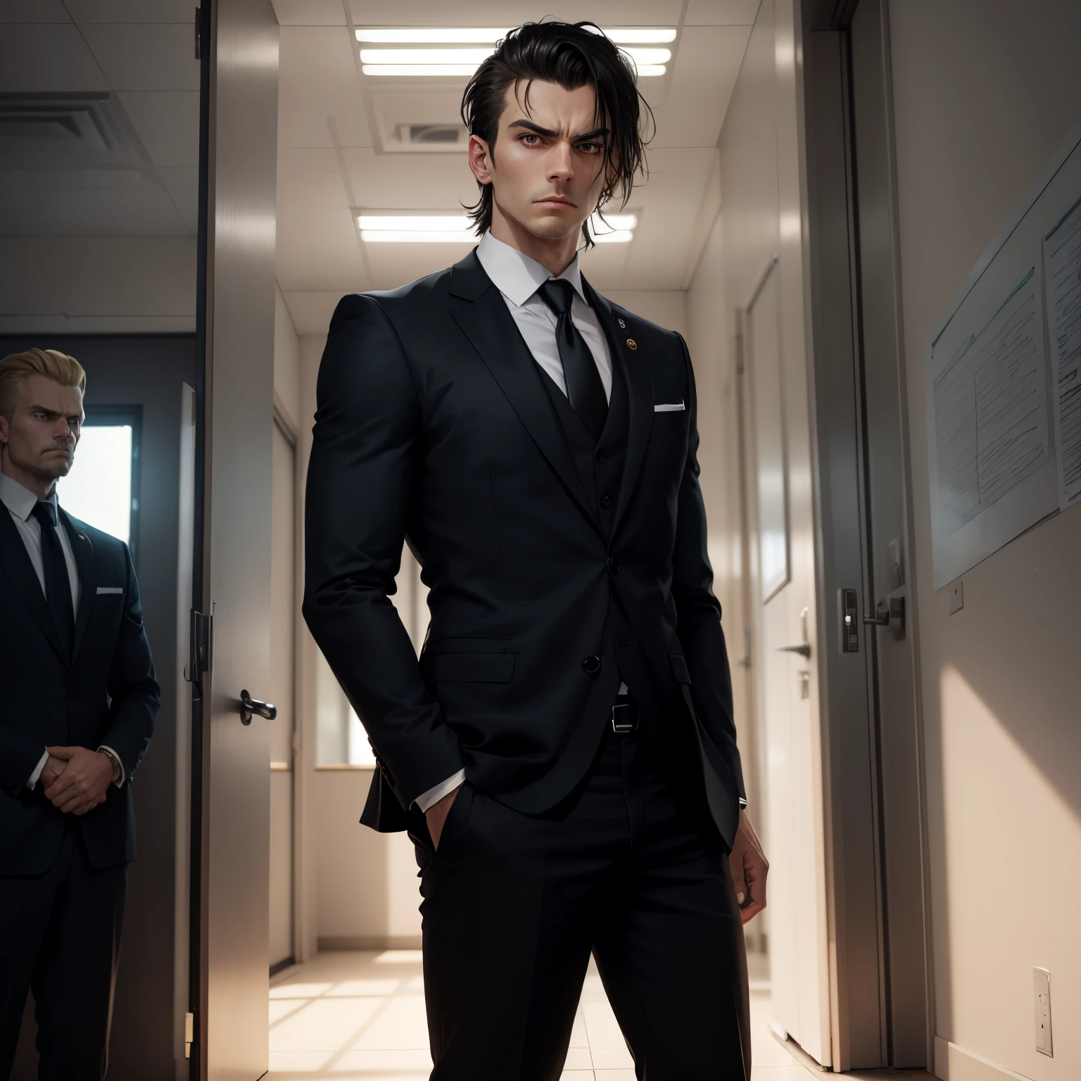 A menacing-looking slim men with a hockey hair and a sharp jawline, clad in a black suit and dark tie, stands in the middle of a spacious, sunlit office. His piercing eyes and furrowed brow exude an aura of danger. In the background, Tamaki Yotsuba .