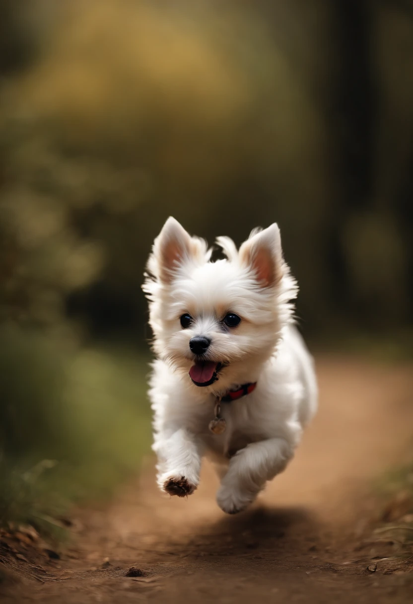 create an image of a small dog, with slightly yellowish fur (turning towards white), short fur, running away, long-legged dog paws, black eyes and a black snout