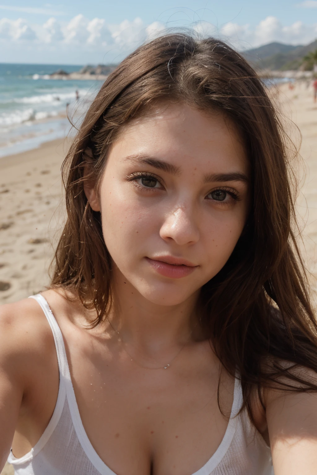 Debe usar vestido de color rojo, He has a happy expression on his face and eyes., debe ser una imagen completamente realista, la mujer es muy atractiva, con una belleza inigualable, but also seductive.