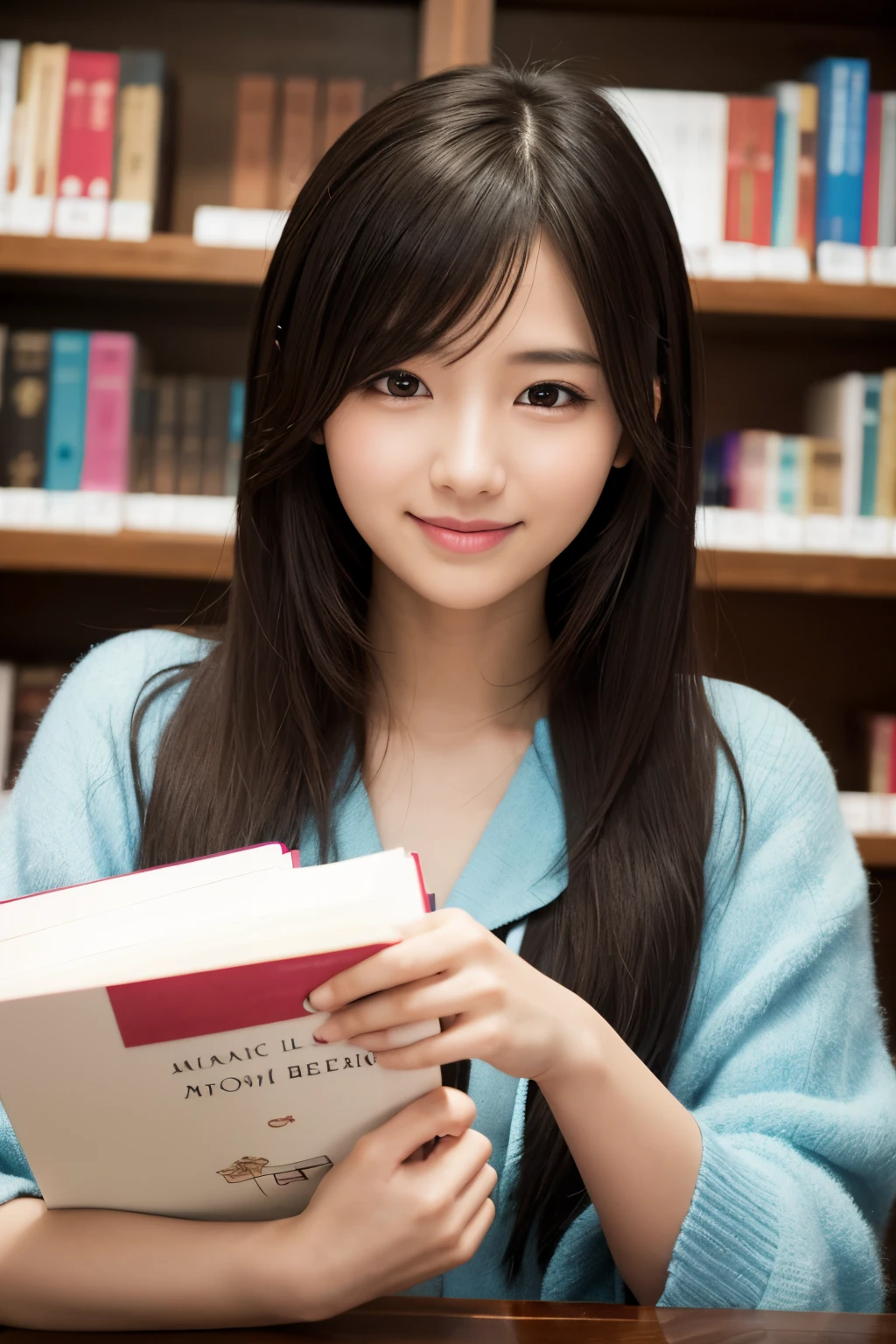masutepiece、hight resolution、Library Reception、Library staff、scrivener、22-year-old girl、1Girl clerk、Looking at the camera、smil、Finish as shown in the photo、Flowers and girls、the skin is white and beautiful、Hair is long and beautiful、A dark-haired、Hair should be tied back、A slender、Paws are thin and beautiful
