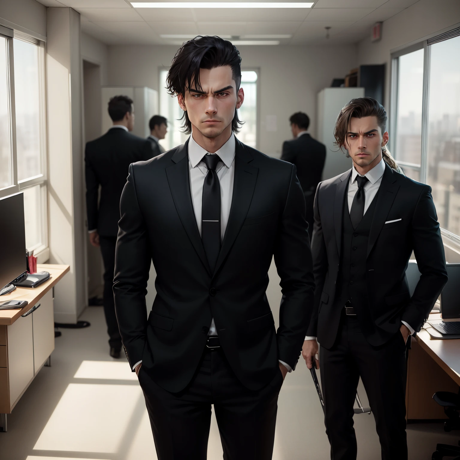 A menacing-looking slim men with a hockey hair and a sharp jawline, clad in a black suit and dark tie, stands in the middle of a spacious, sunlit office. His piercing eyes and furrowed brow exude an aura of danger. In the background, Tamaki Yotsuba .