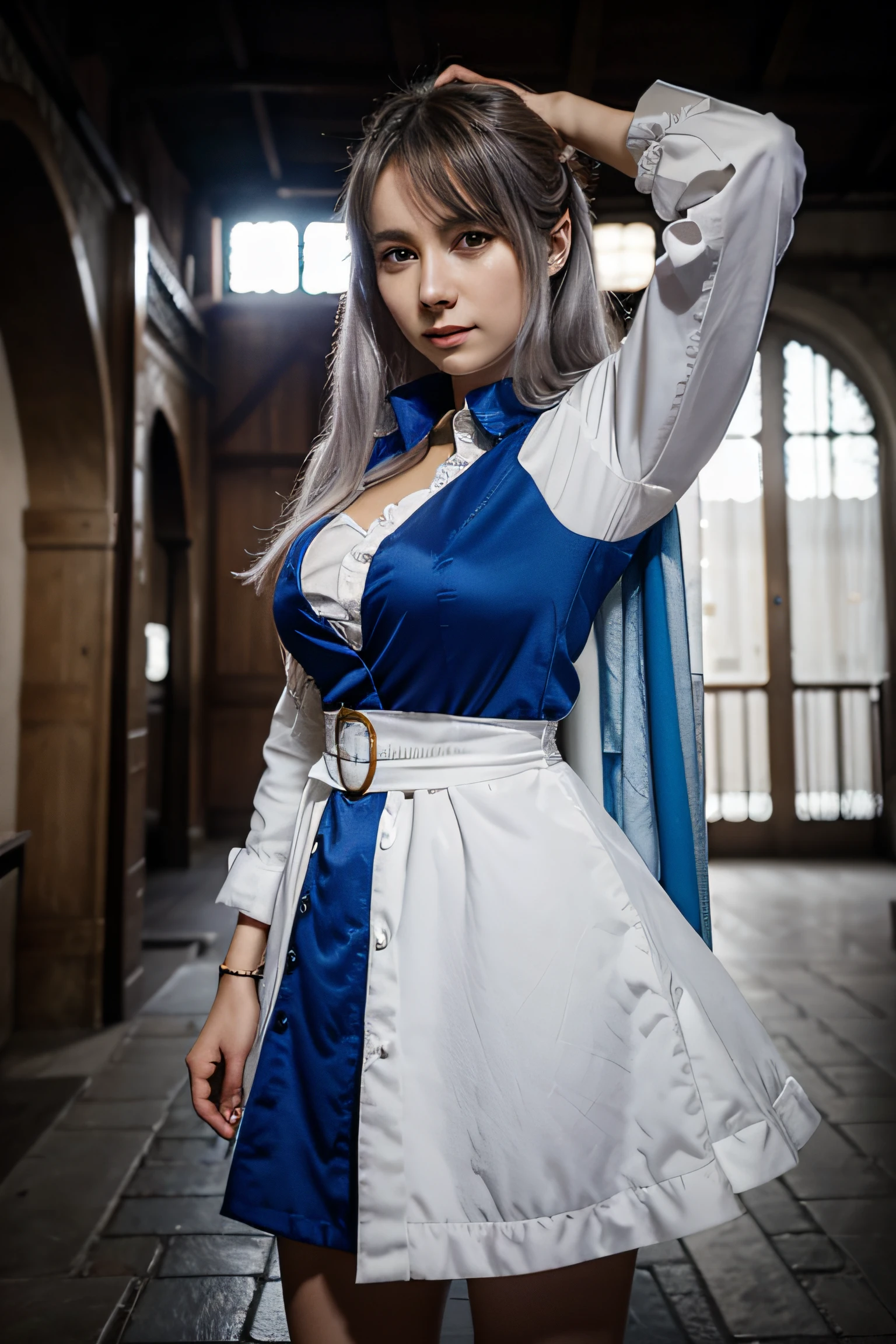 Highest quality、Highest quality、16k quality、Highly detailed figure、Highly detailed face、Highly detailed eyes、Highly detailed nose、Highly detailed facial expressions、Highly detailed costume、Highly detailed hourglass shape、Highly detailed feet、Highly detailed thighs、Being in reality、16-year-old girl、Light blue hair、Twin tails、Noel Silva、main character、、He wears a long white chemist&#39;s lab coat, unbuttoned、You can see the shape of the chest、E Cup、Wearing a brown belt、Purple inner lining is visible、Folds、Purple Very Short Skirt、A long white skirt on top、Only the front is cut、White tights、Close to the skin、Tight、Full body photo、Are standing、Emphasizes the beauty of thigh muscles、Full body photo、Front view、