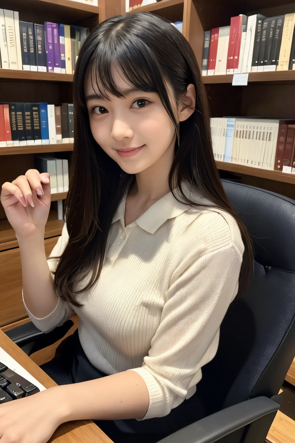 masutepiece、hight resolution、Library Reception、Library staff、scrivener、22-year-old girl、1Girl clerk、Looking at the camera、smil、Finish as shown in the photo、Flowers and girls、the skin is white and beautiful、Hair is long and beautiful、A dark-haired、Hair should be tied back、A slender、Paws are thin and beautiful