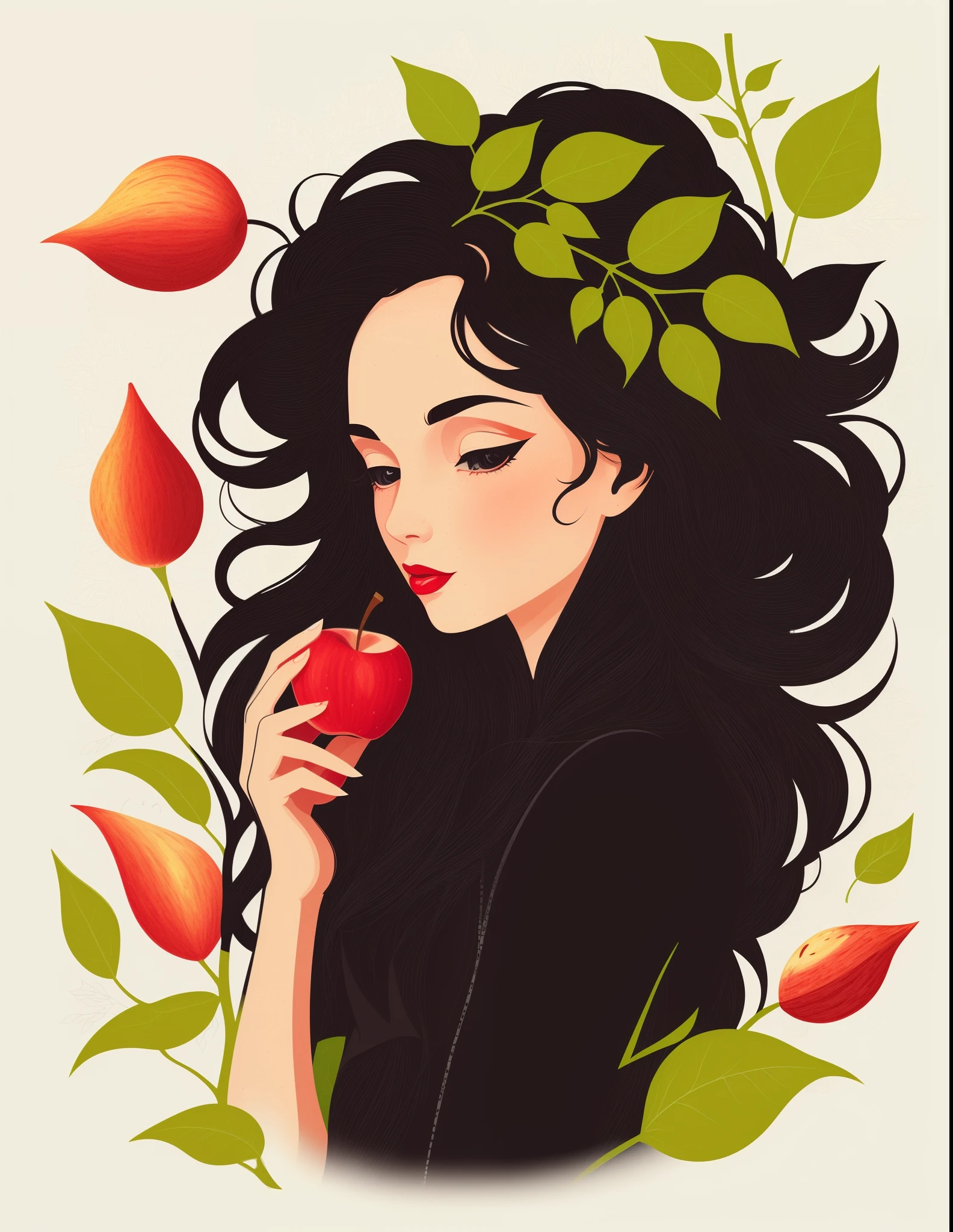 closeup of a woman, holding an apple in her hand, beautiful illustration, in style of digital illustration, with apple, persephone, Black & White Vector Graphics, inspired by Asaf Hanukkah, illustartion, ( Asaf Hanukkah ), official illustration, vector style drawing, Portrait of Snow White, digital illustration -, High-contrast illustrations