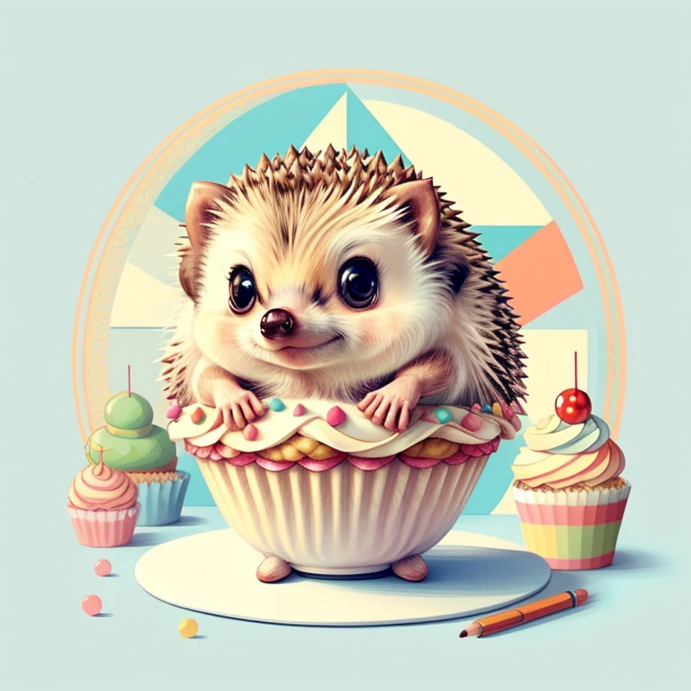 (cute baby hedgehog with a big cupcake), Munchkin ,Geometric multidimensional wall portrait, livro de arte, Tchibi,
Yang08k, Beautiful, Colouring,
Obras, of the highest quality, best quality, Arte Oficial, Beautiful and Aesthetic,