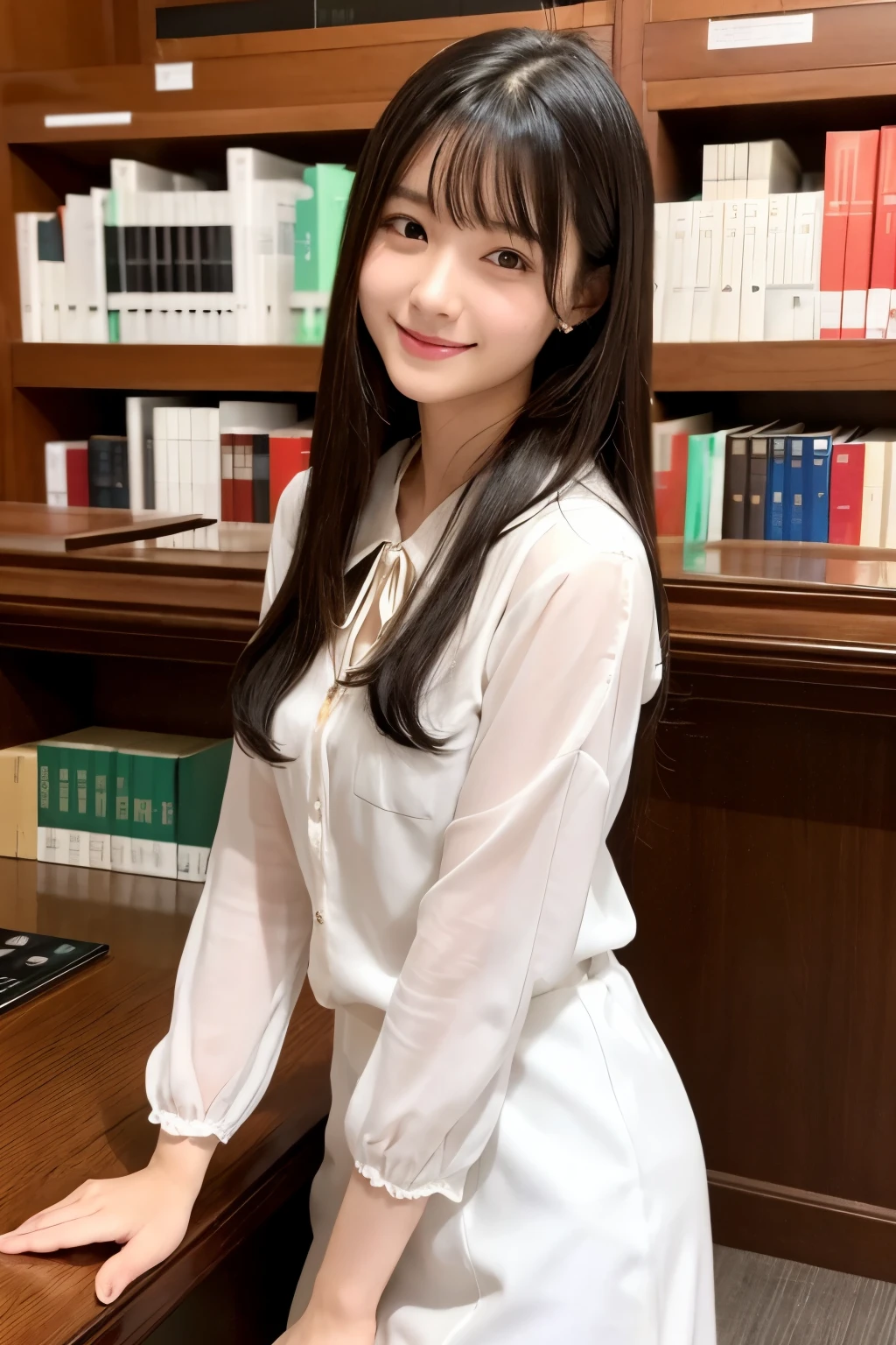 masutepiece、hight resolution、Library Reception、Library staff、scrivener、22-year-old girl、1Girl clerk、Looking at the camera、smil、Finish as shown in the photo、Flowers and girls、the skin is white and beautiful、Hair is long and beautiful、A dark-haired、(Hair should be tied back)、A slender、legs are thin and beautiful