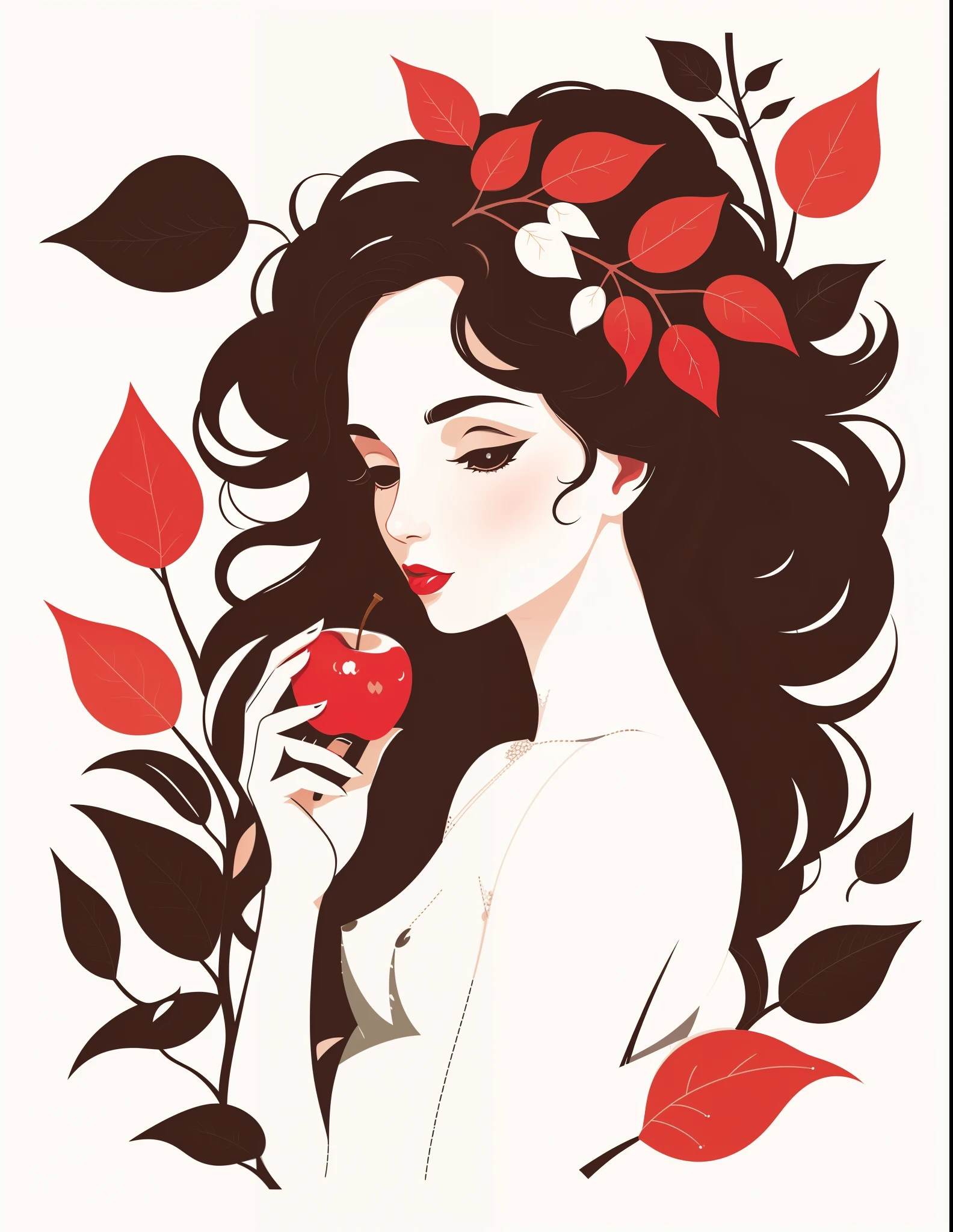 closeup of a woman, holding an apple in her hand, beautiful illustration, in style of digital illustration, with apple, persephone, Black & White Vector Graphics, inspired by Asaf Hanukkah, illustartion, ( Asaf Hanukkah ), official illustration, vector style drawing, Portrait of Snow White, digital illustration -, High-contrast illustrations