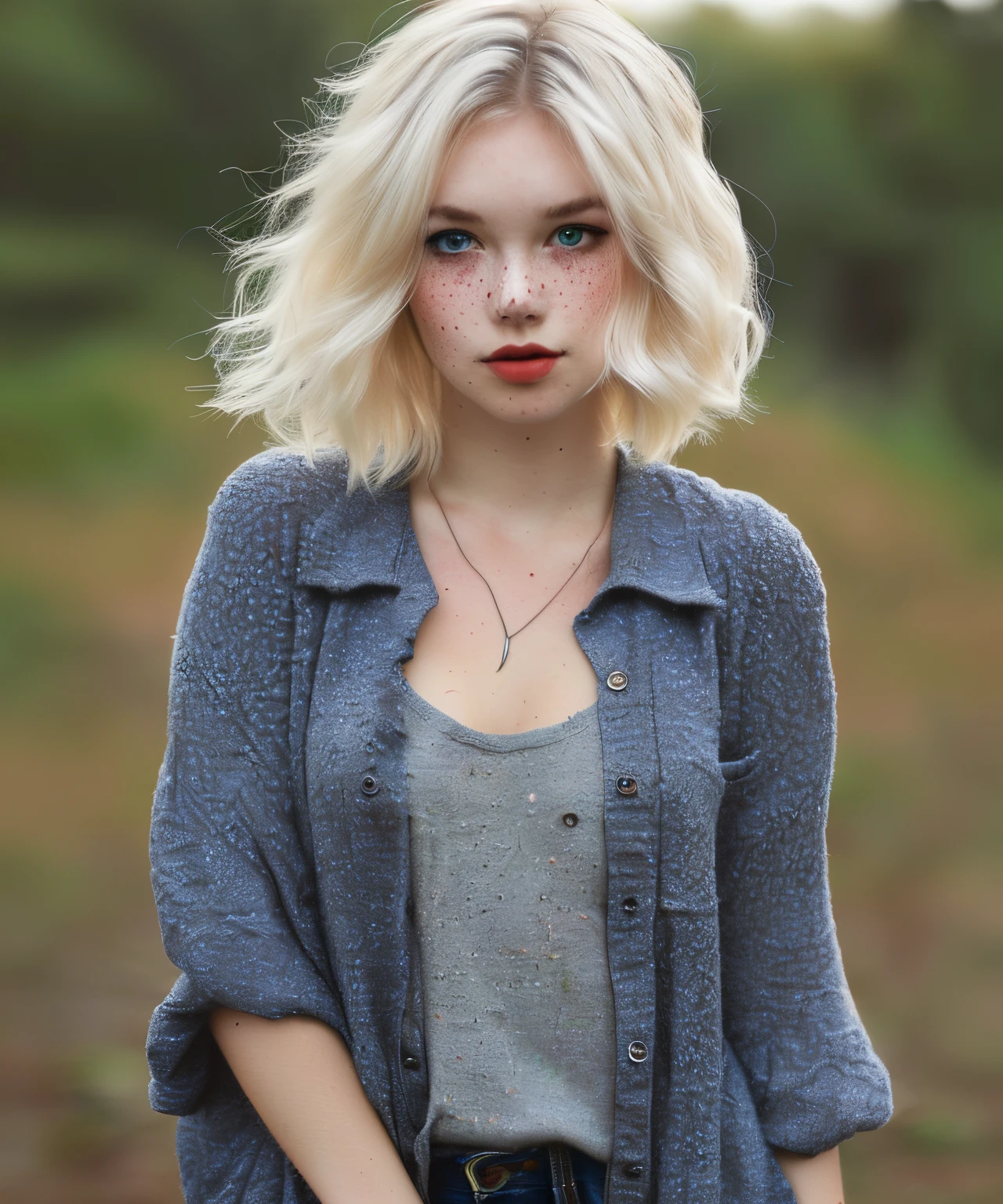 Fortnite skin: female, dirty blonde, freckles, outgrown wolf cut hairstyle, y2k outfit, grey blue eyes, pale skin