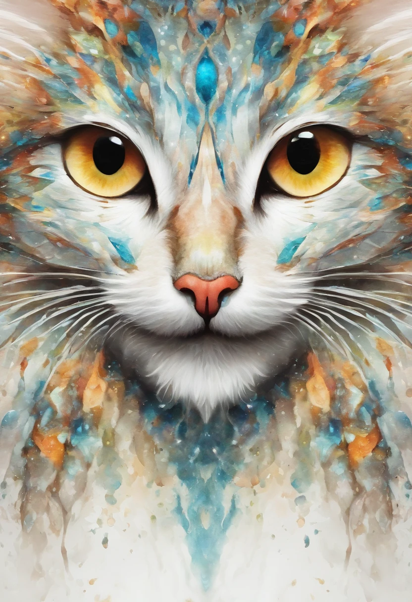 a detailed HD Multi-colored cat -faced space alien creature with triangular scales and large reflective eyes in the style of art nouveau paint splatter watercolor white background