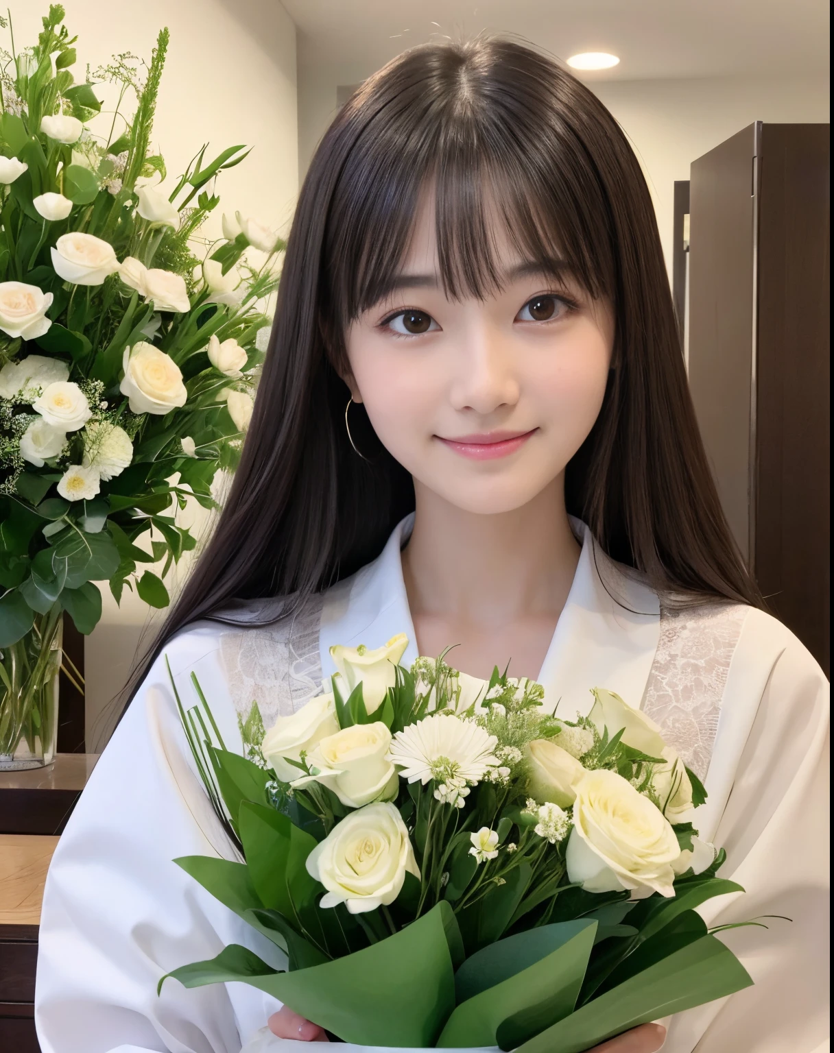 masutepiece、hight resolution、Florist clerk、22-year-old girl、1Girl clerk、Looking at the camera、smil、Finish as shown in the photo、Flowers and girls、the skin is white and beautiful、Hair is long and beautiful、A dark-haired、Hair should be tied back、A slender