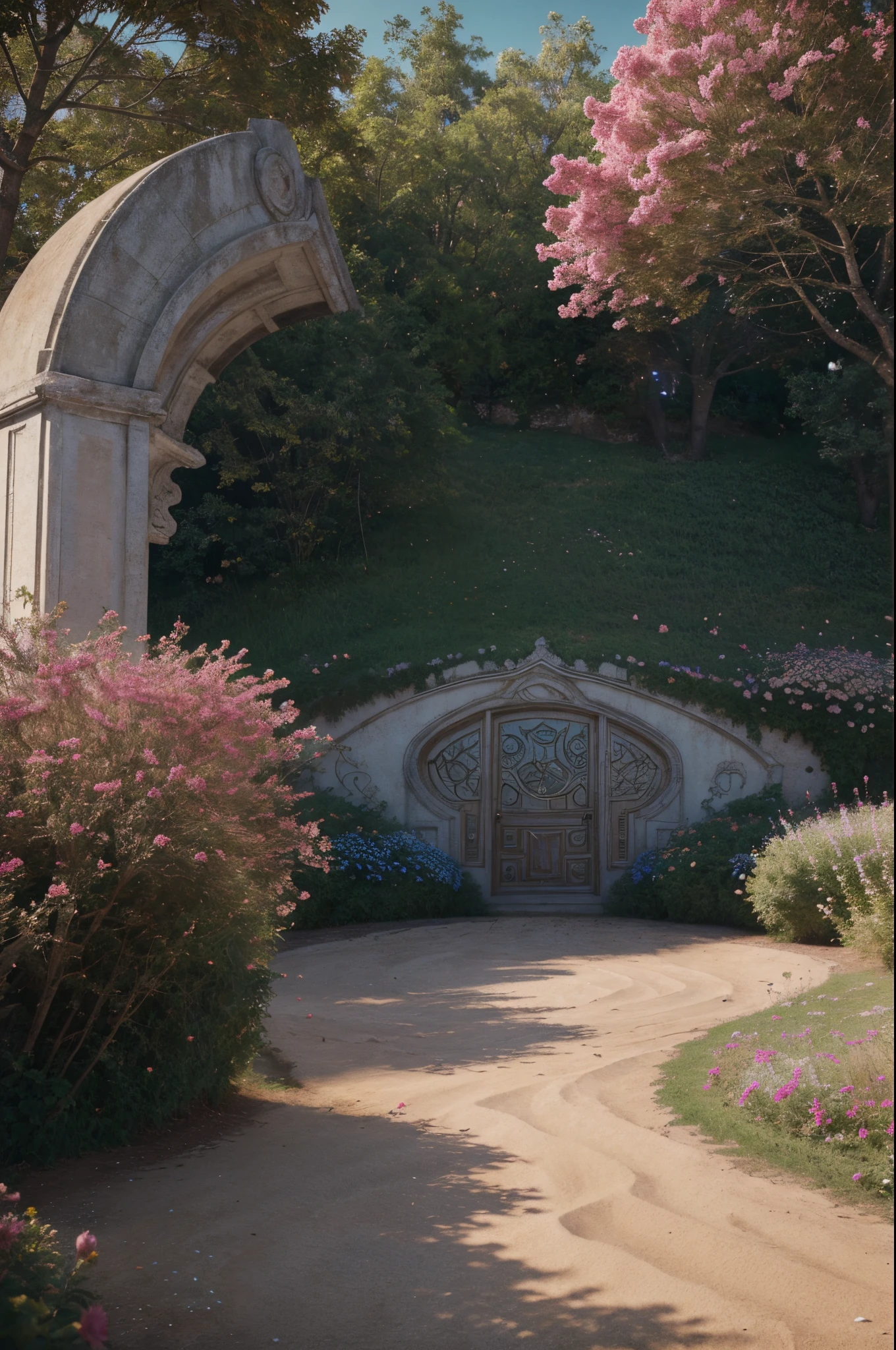 (best quality, 32k resolution, alta resolução, ultra-detalhado, fotorrealista,Detalhes finamente retratados), O motor do Unreal 5, Quarto lindo,The ground is covered with a large number of flowers, Romantic motifs, Rosa fazendo portal, Majestic Scenery, ambiente floral, beautiful scenery, Beds on the ground, wallpaper aesthetic, Ecommerce live room background,hyperrealistic rendering, exquisite composition, Breathtaking wallpapers, visuais deslumbrantes, Aesthetics of landscape wallpaper, fundo vermelho, reflexos vermelhos, C4D render, top-notch quality, Foto RAW"