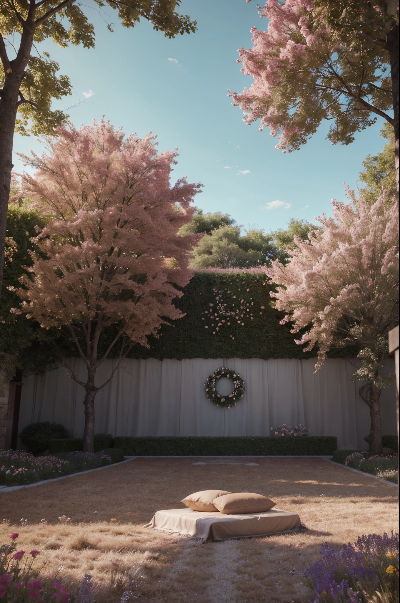 (best quality, 32k resolution, alta resolução, ultra-detalhado, fotorrealista,Detalhes finamente retratados), O motor do Unreal 5, Quarto lindo,The ground is covered with a large number of flowers, Romantic motifs, Rosa fazendo portal, Majestic Scenery, ambiente floral, beautiful scenery, Beds on the ground, wallpaper aesthetic, Ecommerce live room background,hyperrealistic rendering, exquisite composition, Breathtaking wallpapers, visuais deslumbrantes, Aesthetics of landscape wallpaper, fundo vermelho, reflexos vermelhos, C4D render, top-notch quality, Foto RAW"