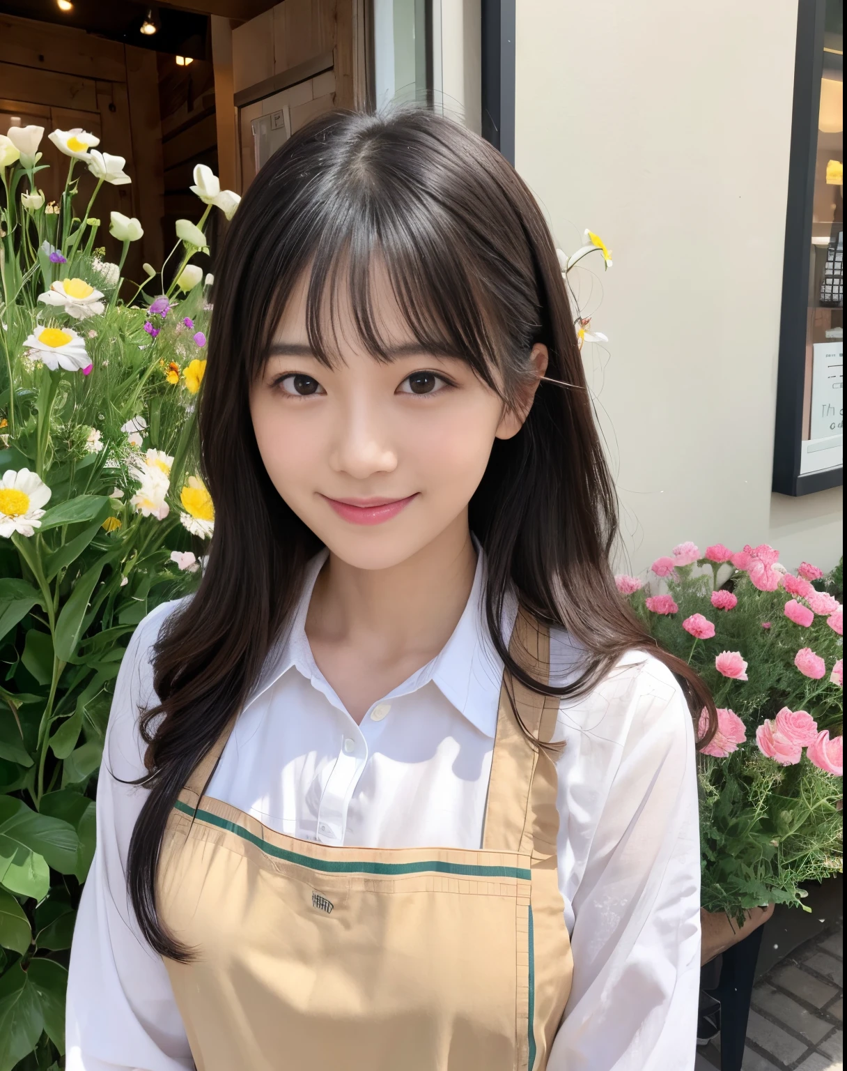 masutepiece、hight resolution、Florist clerk、22-year-old girl、１Girl clerk、She wears a simple apron over her blouse、Looking at the camera.、smil、Finish as shown in the photo、Flowers and girls、the skin is white and beautiful、Hair is long and beautiful、A dark-haired、Hair should be tied back、A slender、A lot of colorful flowers、